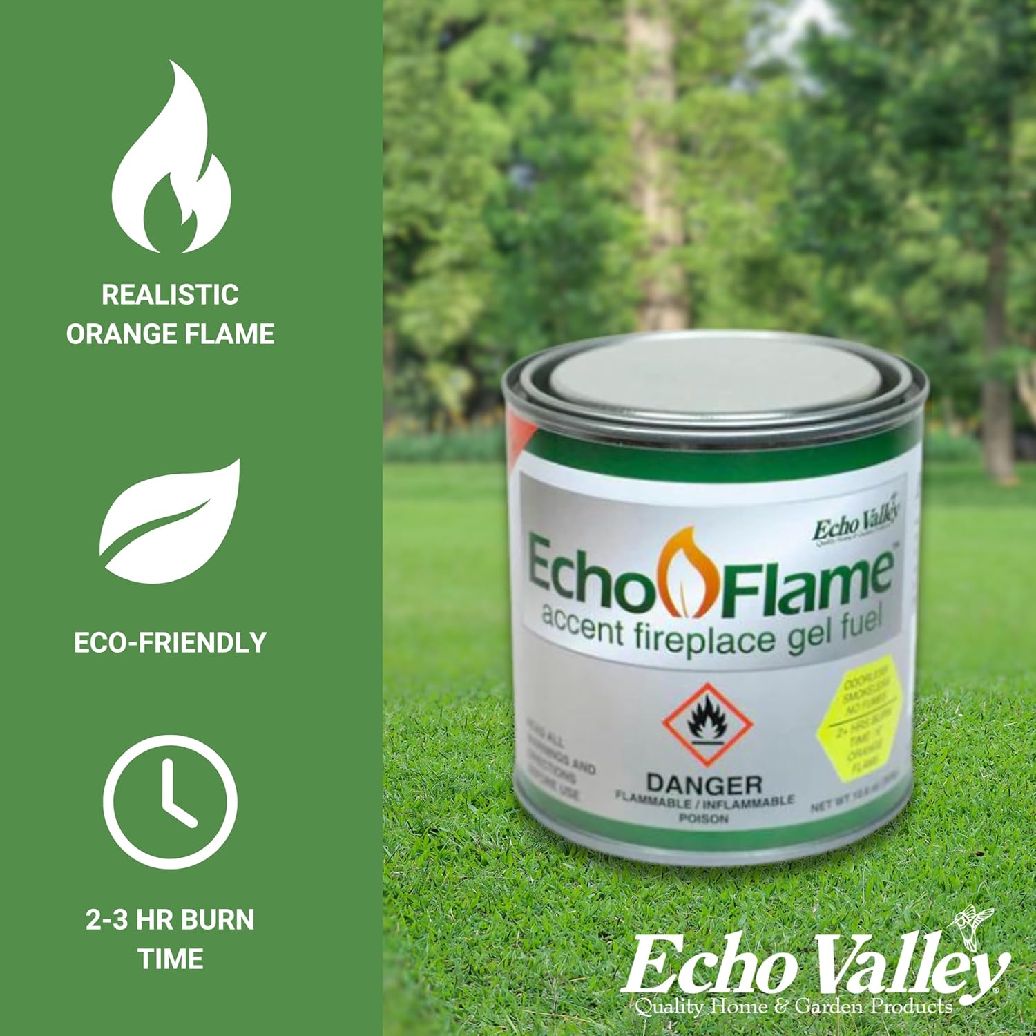 Echo Valley 93100P12 EchoFlame Gel Fuel para chimeneas de acento al aire libre en un patio, césped o jardín