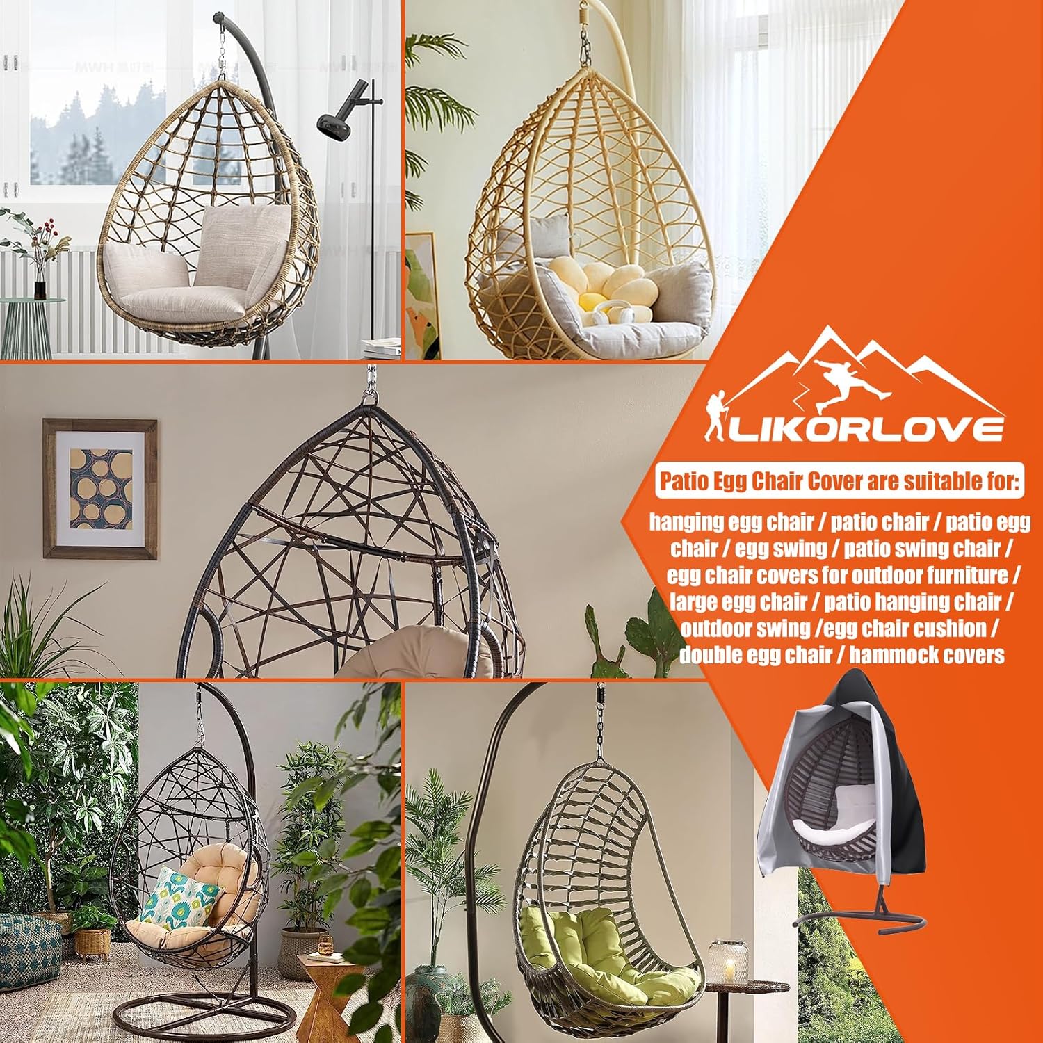 Funda para silla de huevo colgante de patio, 70 pulgadas de alto x 66 pulgadas de profundidad, impermeable, resistente a la intemperie, muebles de