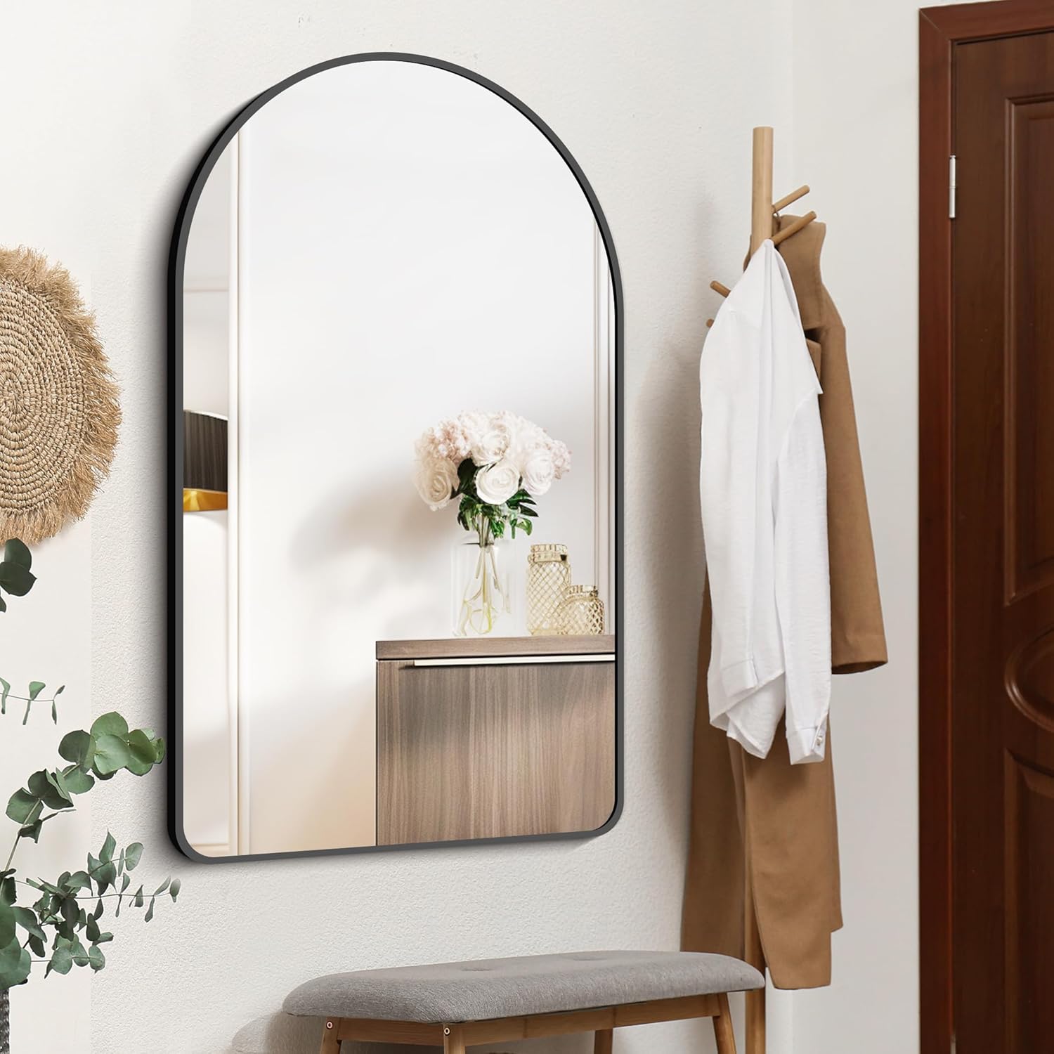 Espejo de pared arqueado, espejo de baño de 32 x 48 pulgadas, moderno marco de aleación de aluminio negro, espejo de tocador grande para dormitorio,