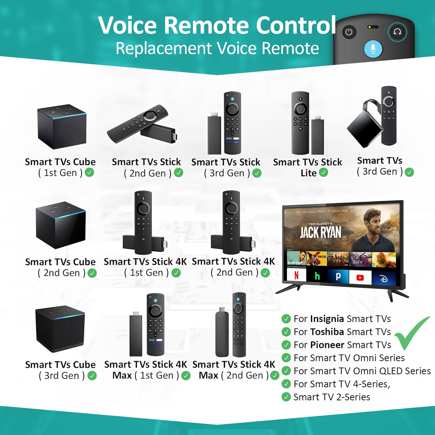 Control remoto de voz de repuesto para Fire-TV-StickTV Cube y compatible con todos los televisores inteligentes InsigniaToshibaPioneer AMZ Fires