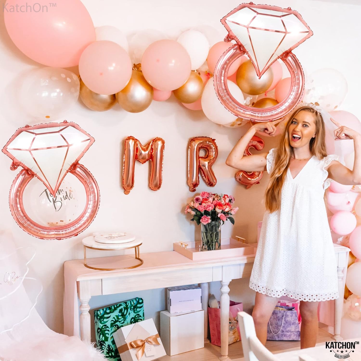 KatchOn, Globos de compromiso de oro rosa, paquete de 3, globos de anillo de despedida de soltera, globos de compromiso  Globo de anillo de