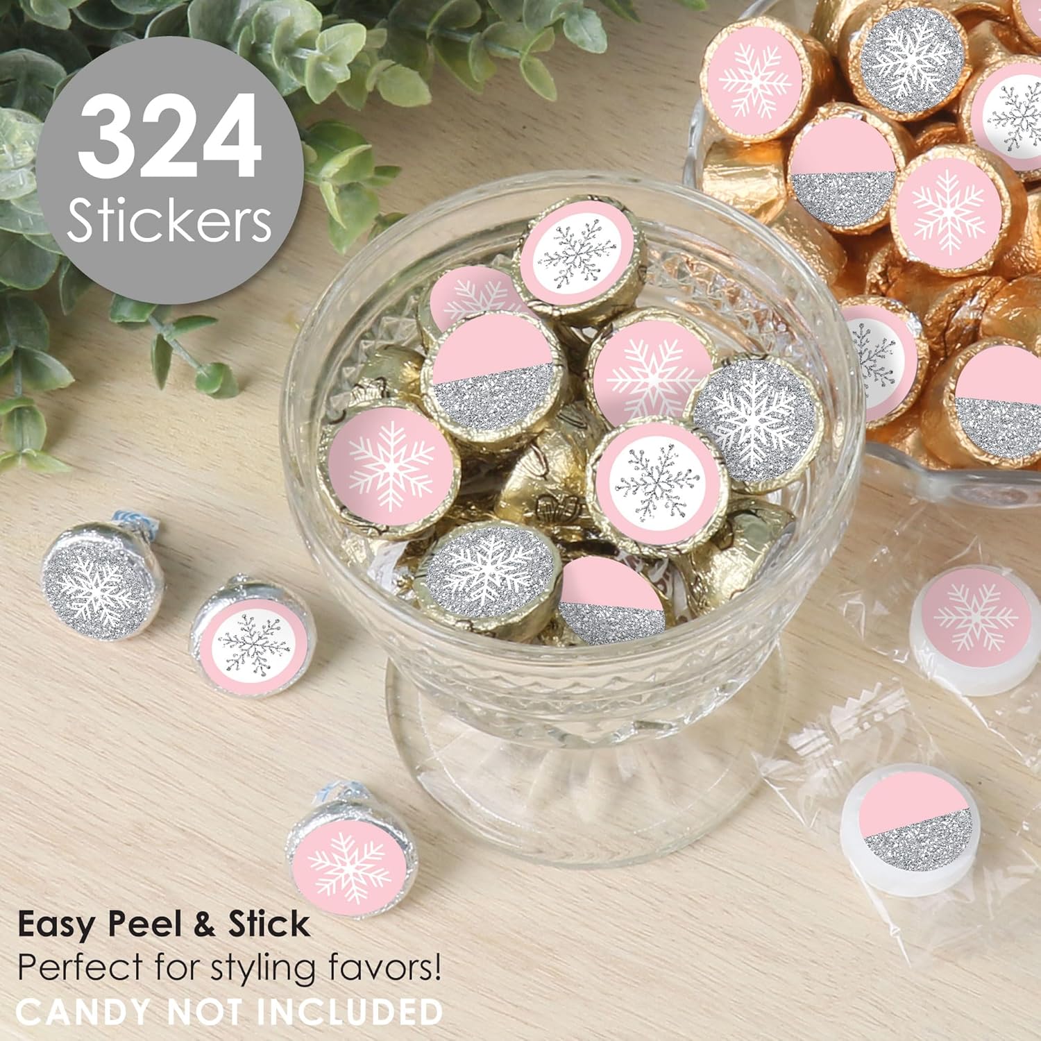 Big Dot of Happiness Pink Winter Wonderland – Calcomanías redondas pequeñas de caramelo para fiesta de cumpleaños y baby shower, 324 unidades