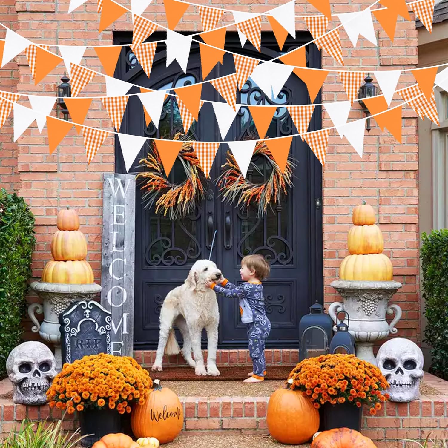 Decoraciones de fiesta naranja de 32 pies con diseño de búfalo naranja a cuadros de triángulo blanco, banderines de tela para otoño, boda,