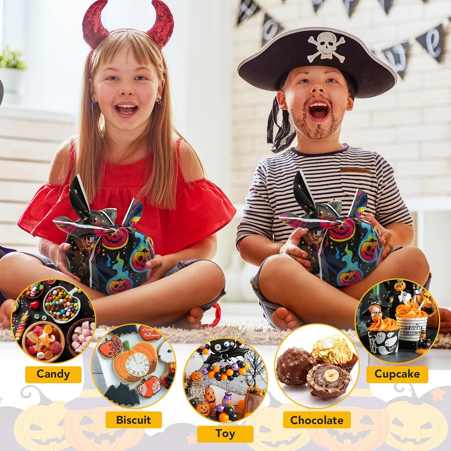 Bolsas de golosinas de Halloween, 100 unidades, pequeñas bolsas de golosinas de Halloween para niños, bolsas de dulces a granel, bolsas de plástico