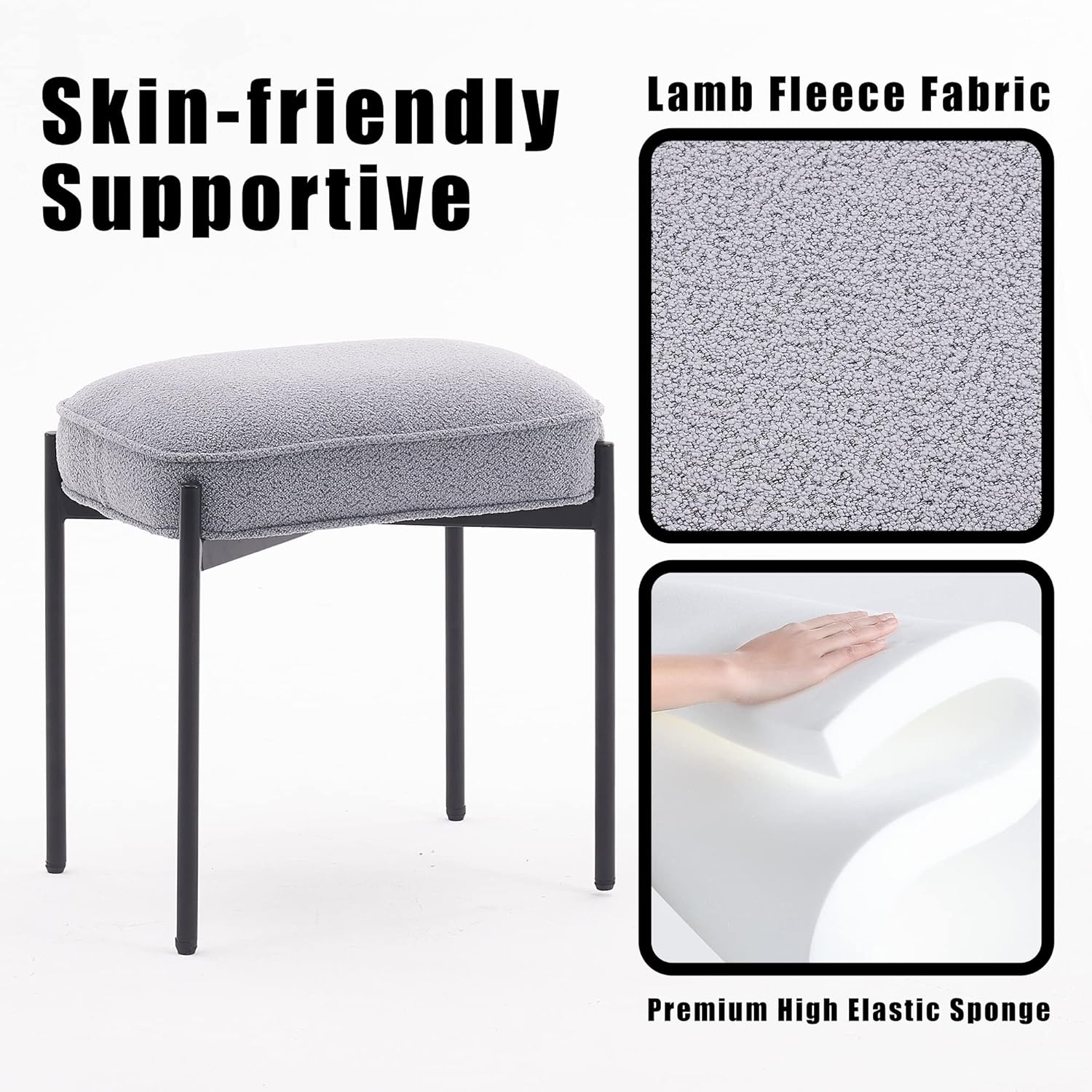 YOUNIKE Cómodo taburete otomano de terciopelo Boucle bohemio pequeño taburete capitonado tapizado para maquillaje con patas de metal, bonito banco