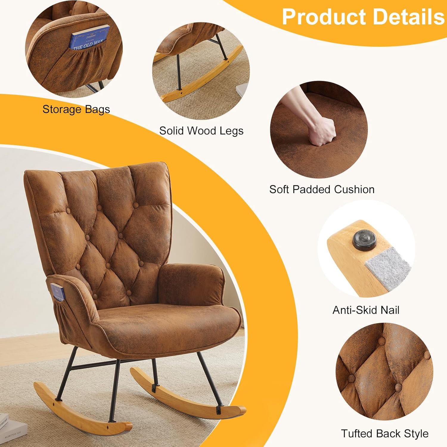 Mecedora para cuarto de bebé, tela estampada en caliente, tapizada, mecedora, mecedora, asiento acolchado con respaldo alto, silla auxiliar cómoda