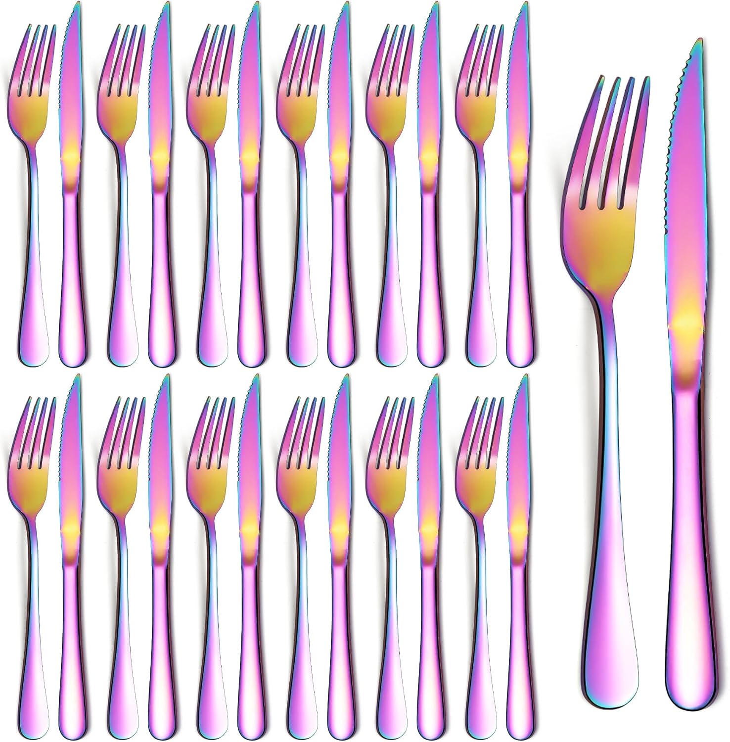 Evanda Rainbow – Juego de 24 cuchillos para carne, acero inoxidable chapado en titanio arcoíris, 12 tenedores y 12 cuchillos de cena, cuchillos para