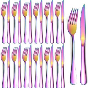 Evanda Rainbow – Juego de 24 cuchillos para carne, acero inoxidable chapado en titanio arcoíris, 12 tenedores y 12 cuchillos de cena, cuchillos para Evanda Rainbow – Juego de 24 cuchillos para carne, acero inoxidable chapado en titanio arcoíris, 12 tenedores y 12 cuchillos de cena, cuchillos para