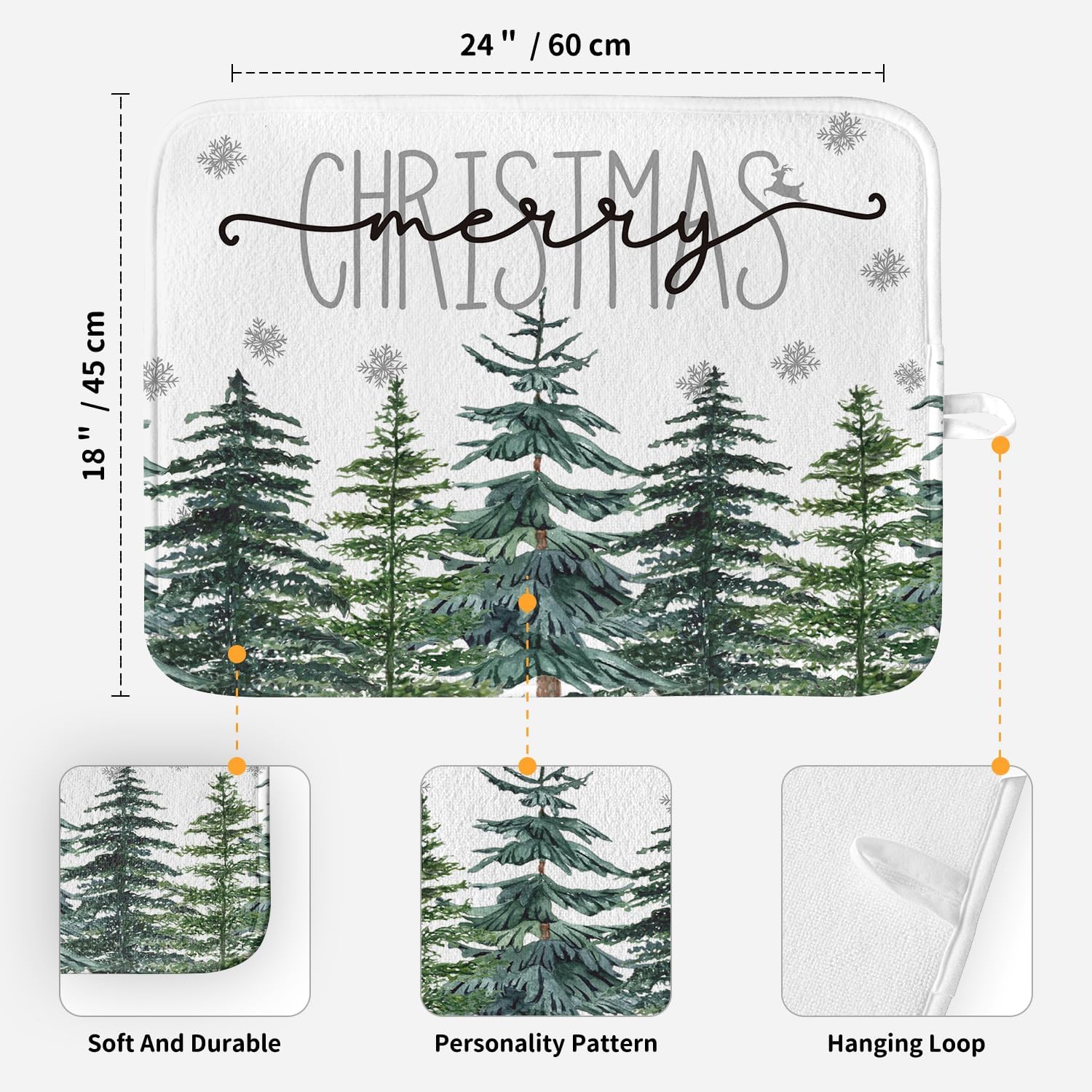 Artoid Mode Tapete de secado de platos con texto en inglés “Trees Merry Christmas” para encimera de cocina, 18 x 24 pulgadas, para invierno, ultra