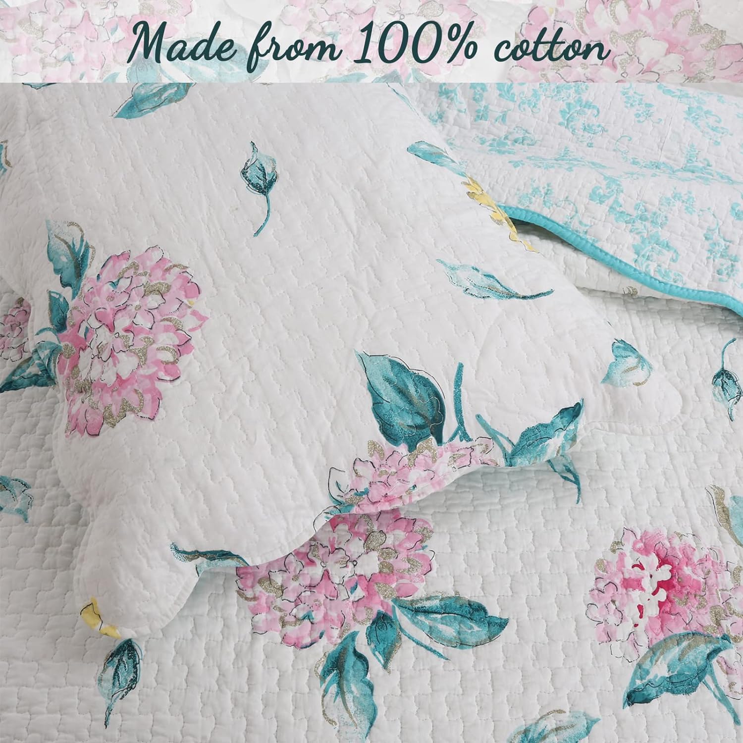 Cozy Line Home Fashions Juego de ropa de cama reversible 100% algodón turquesa azul floral hortensias hojas de jardín, colcha (flor Valencia, Queen,