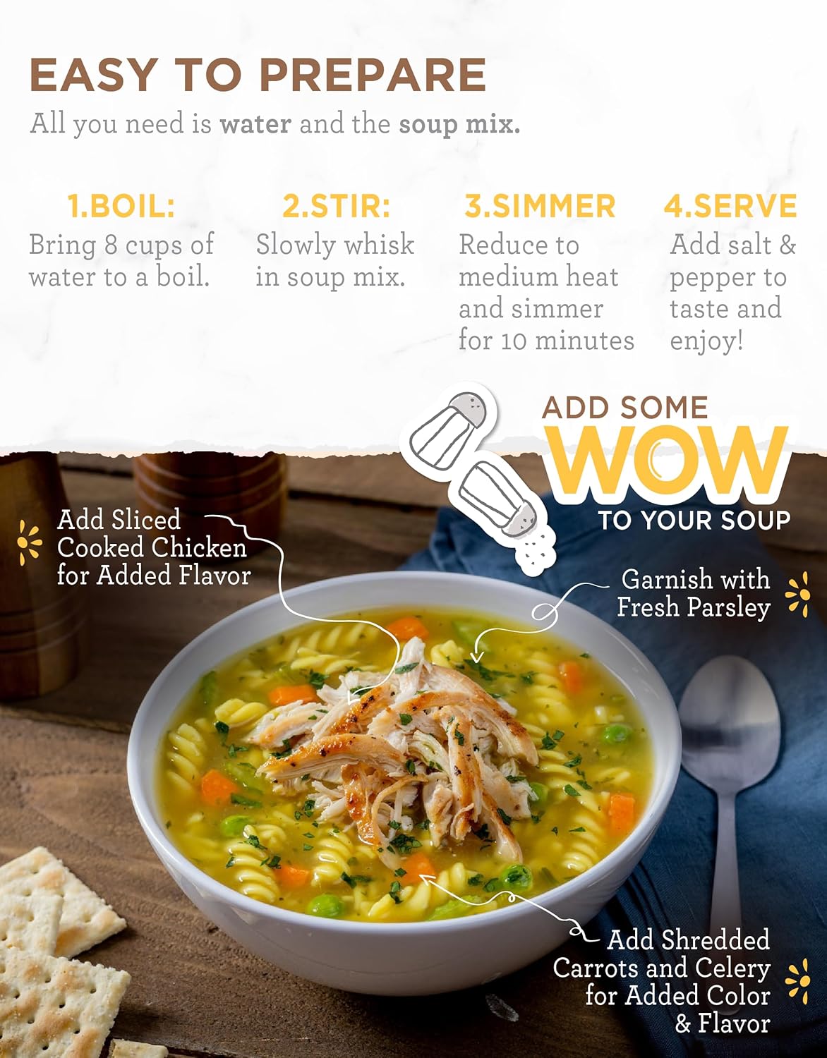 ReadyWise Simple Kitchen – Mezcla de sopa, fideos de pollo con sabor a pollo, 8 porciones, paquete de 6