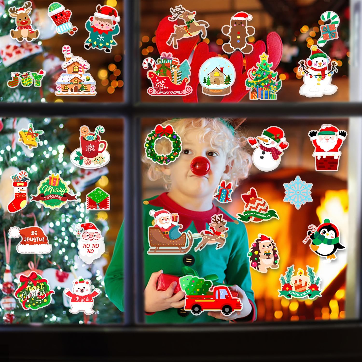 Calcomanías de gel grueso para ventana de niños, para niños, para niños y adultos, para aula, hogar, guardería, avión, fiesta de cumpleaños (Navidad