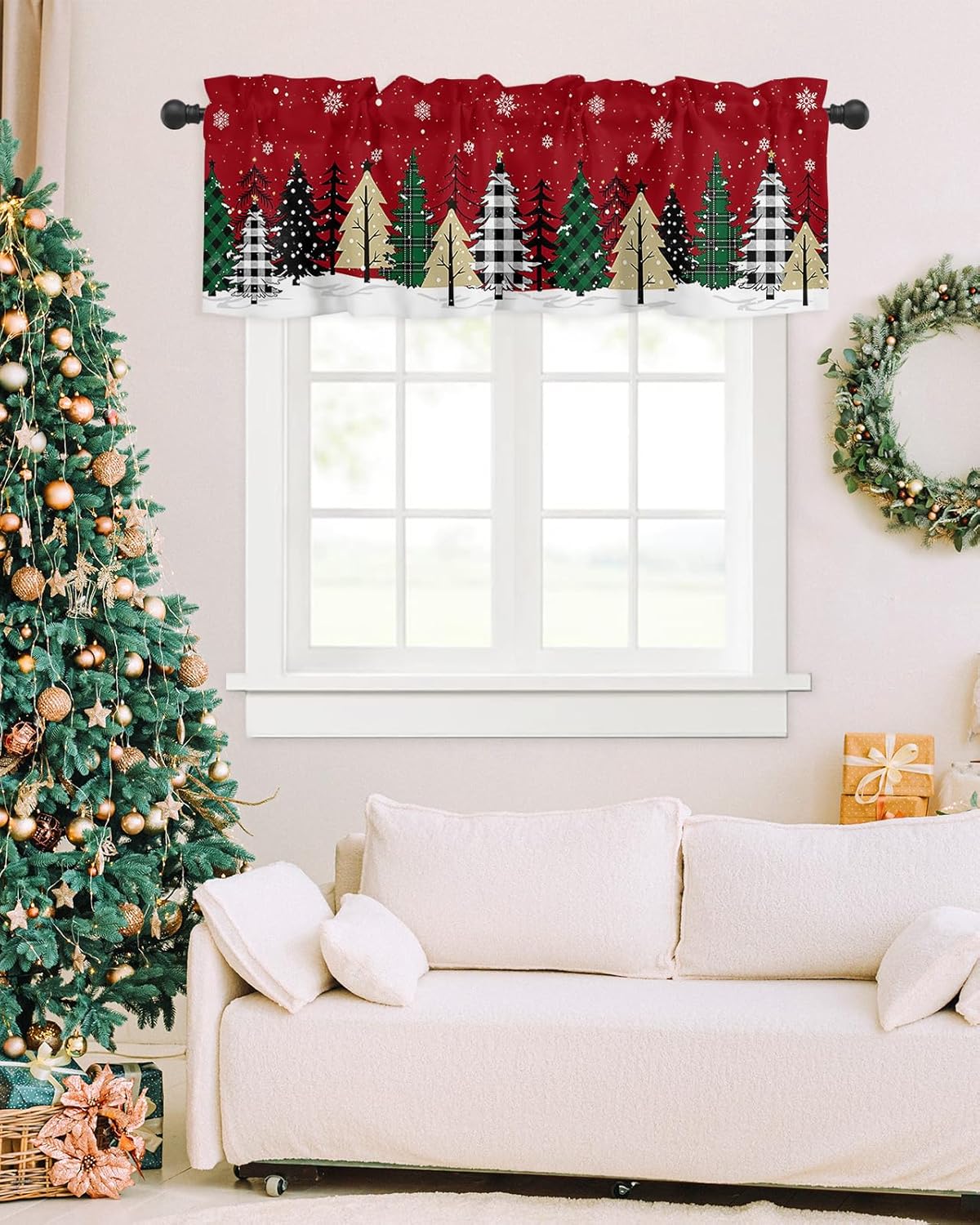 Cortina de cenefa para árbol de Navidad, cortina roja para ventana de cocina, cortina corta con bolsillo para barra, cenefa para sala de estar,