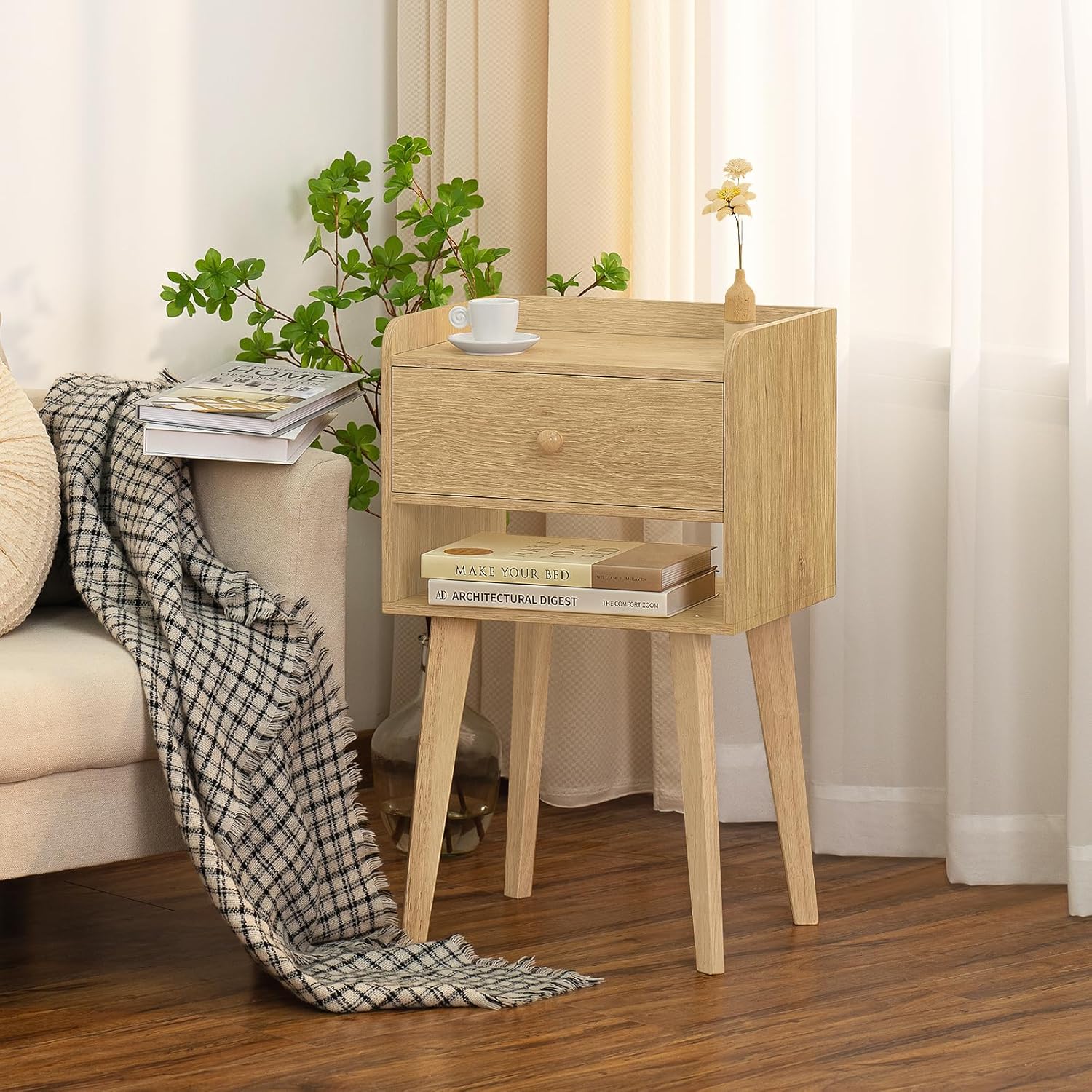 Lerliuo Juego de 2 mesitas de noche de madera, moderna mesa auxiliar de cama con cajón, mesa auxiliar de madera para espacios pequeños, mesa