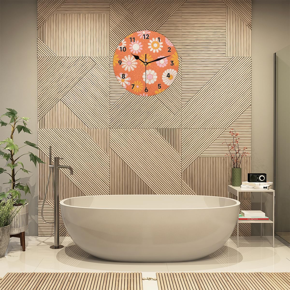 POFATO Reloj de pared naranja con flor de sol, sin tictac, silencioso, redondo, funciona con pilas, decoración moderna del hogar para sala de estar,