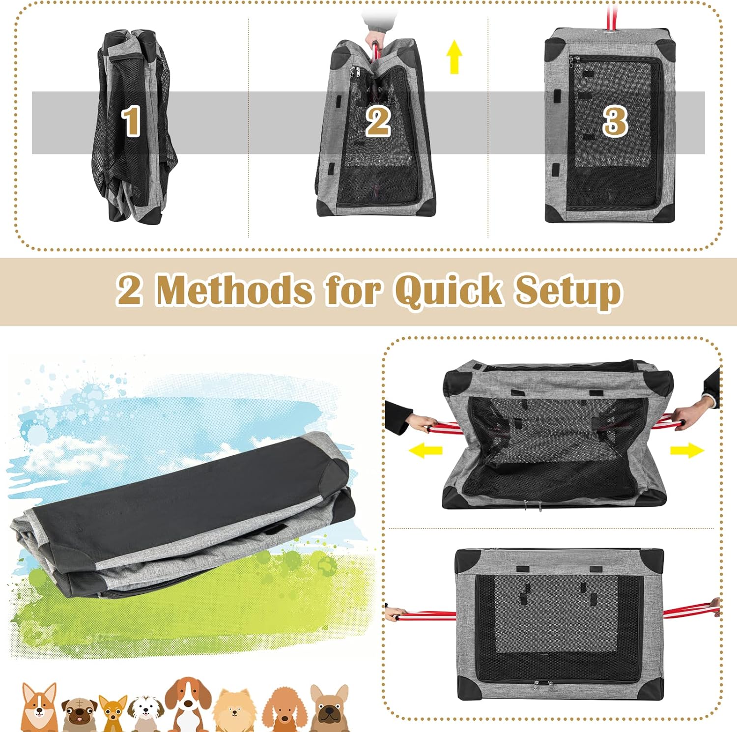 Tangkula Jaula plegable para perros de 3 puertas, suave con almohadilla extraíble y marco de metal, transportador de viaje para mascotas, lavable