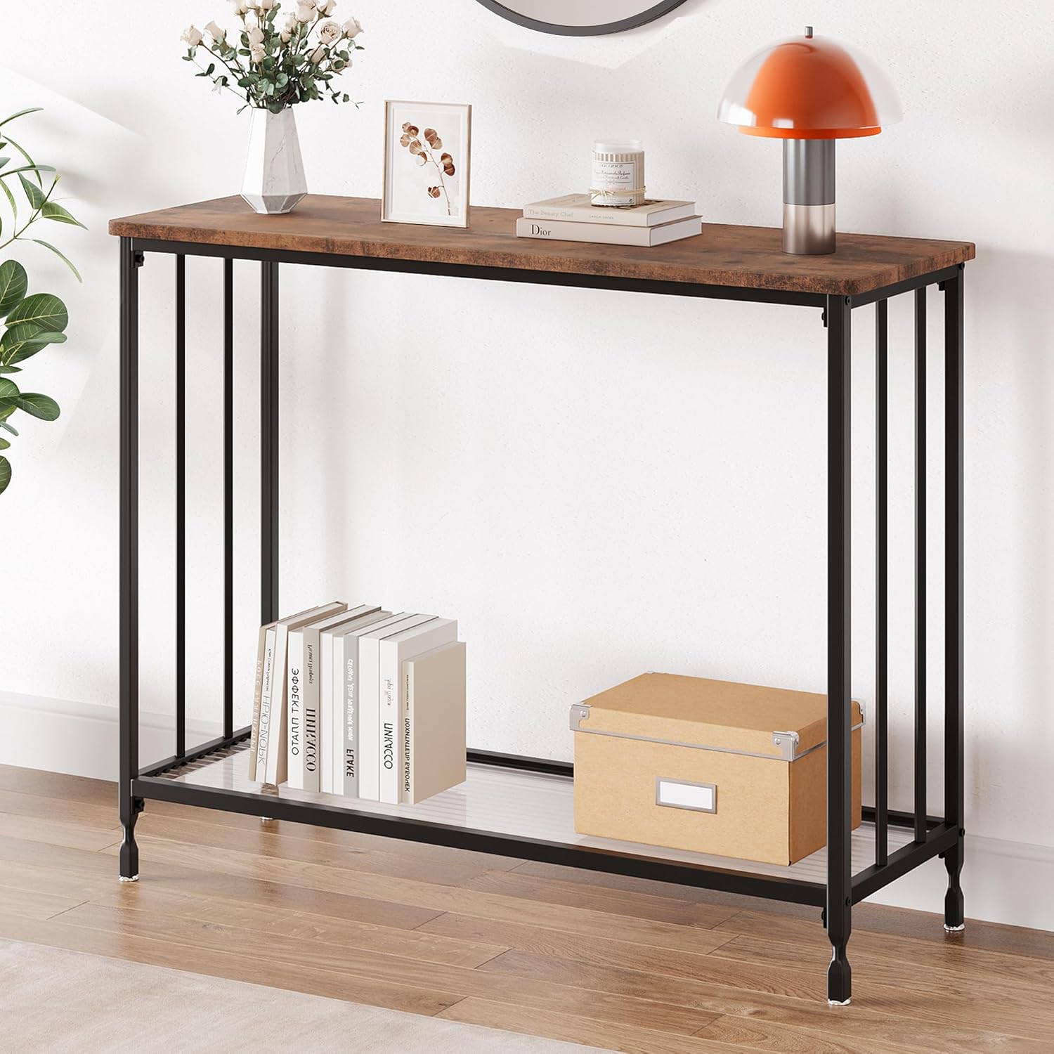 Mesa consola, mesas de sofá, mesa de entrada estrecha con estante de vidrio y marco de metal, mesa de pasillo industrial de 33.5 pulgadas para sala