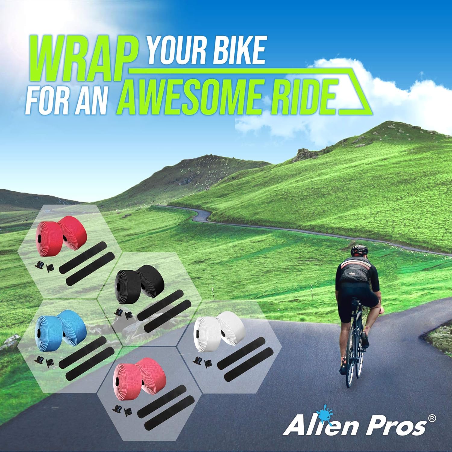 ALIEN PROS Cinta de manillar de bicicleta de poliuretano (juego de 2) negro, rojo, blanco, rosa, azul, mejora el agarre de tu bicicleta con esta