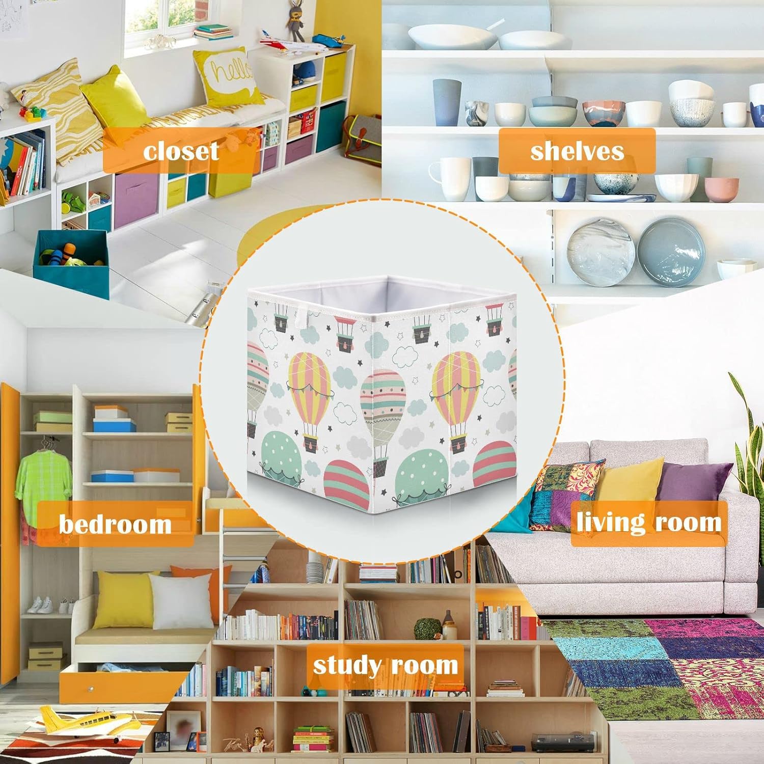 Cesta de almacenamiento de globos de aire caliente, plegable, plegable, para armario, ropa, juguetes, organizador para sala de estar y dormitorio