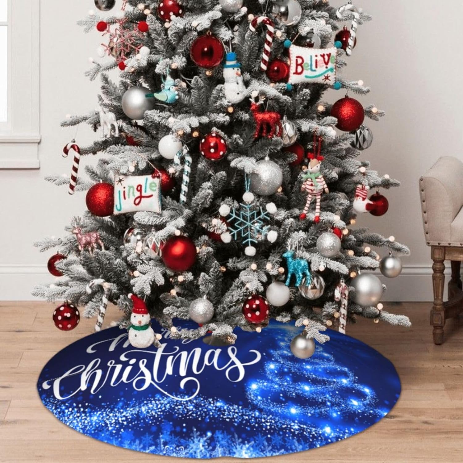 Falda para árbol de Navidad, árbol de nieve azul de 48 pulgadas para Navidad, Año Nuevo, Pesadilla antes de Navidad, decoraciones de vestíbulo para