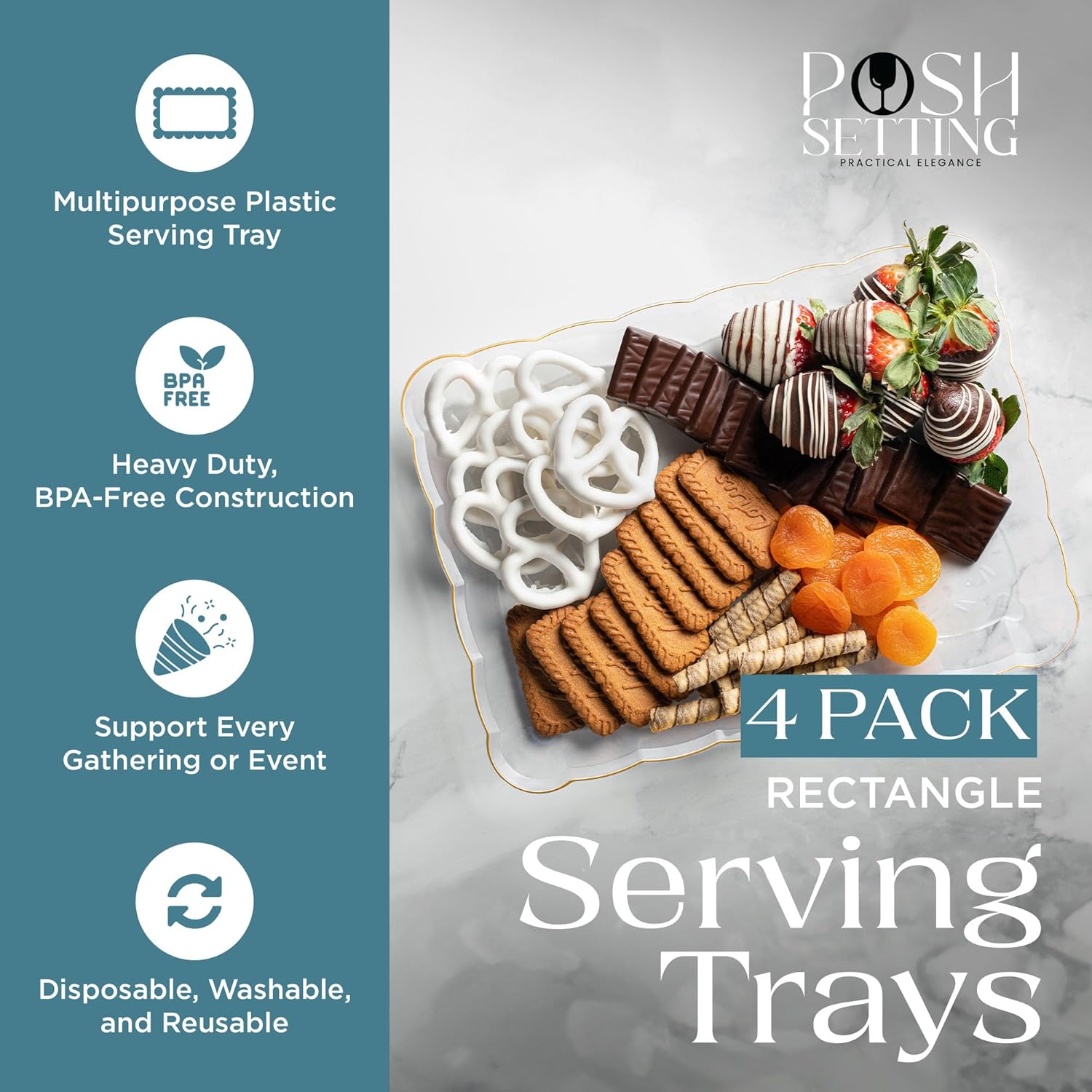 Posh Setting – Bandejas de plástico para servir alimentos, bandejas transparentes y doradas para fiestas, bandejas de plástico para servir, platos