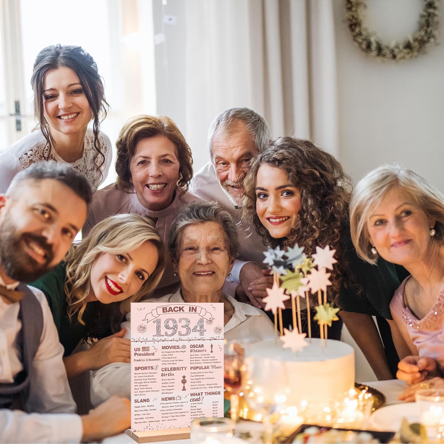 DARUNAXY Decoraciones de fiesta de cumpleaños número 90 de oro rosa, póster grande de acrílico con soporte para mujeres que saludan a 90 años,