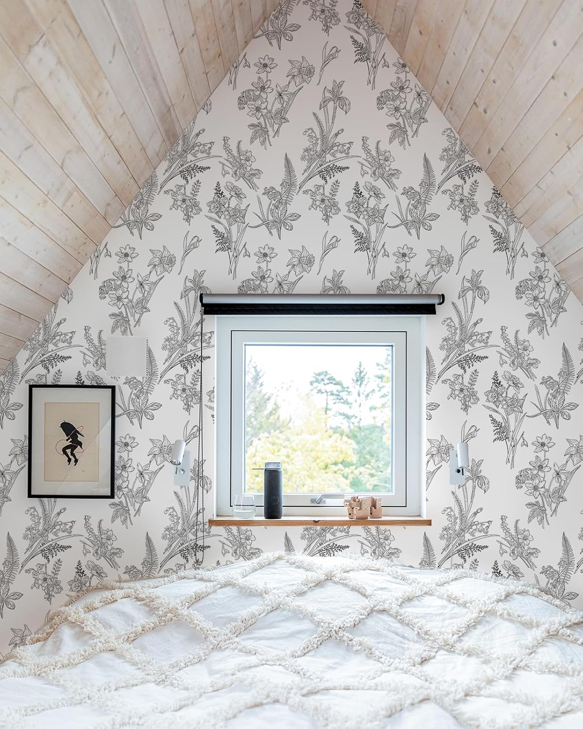Papel tapiz floral en blanco y negro, papel de contacto floral para gabinetes, autoadhesivo, extraíble, para dormitorio, decoración moderna de pared