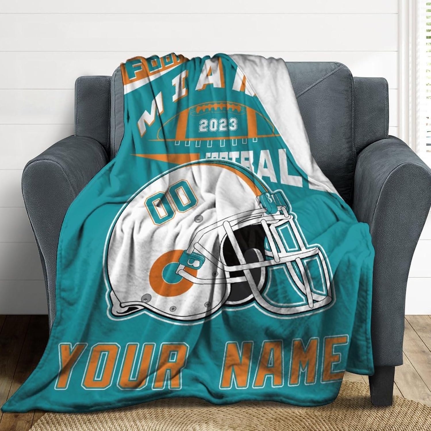 Manta de Miami con número de nombre, personalizable, regalos para fanáticos del fútbol para hombres, mujeres y niños