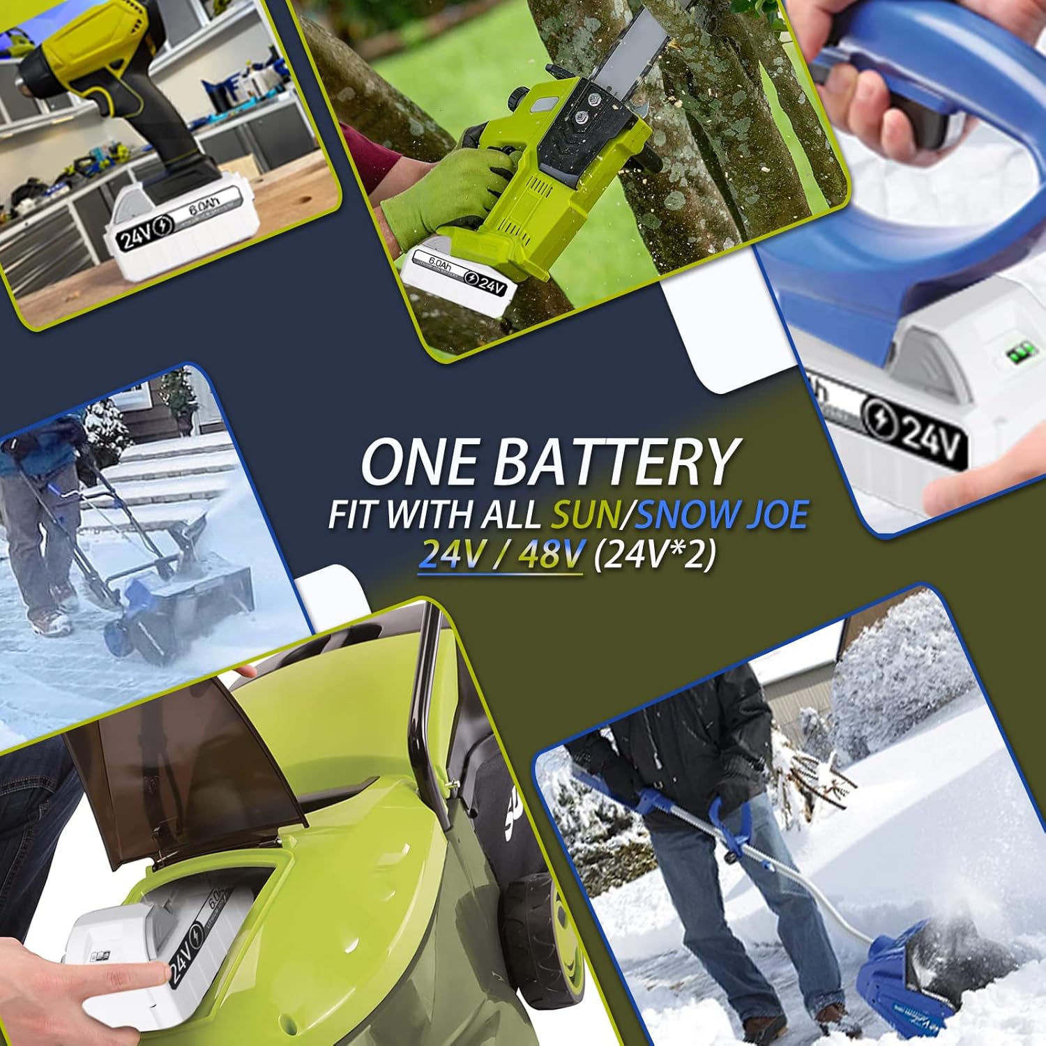 3 generación + puerto de CC Batería de repuesto de 24 V 6.0 Ah para Snow Joe, Sun Joe, Power Joe, Aqua Joe 24V iON+ Tools 24BAT-LTW 24VBAT-LTE