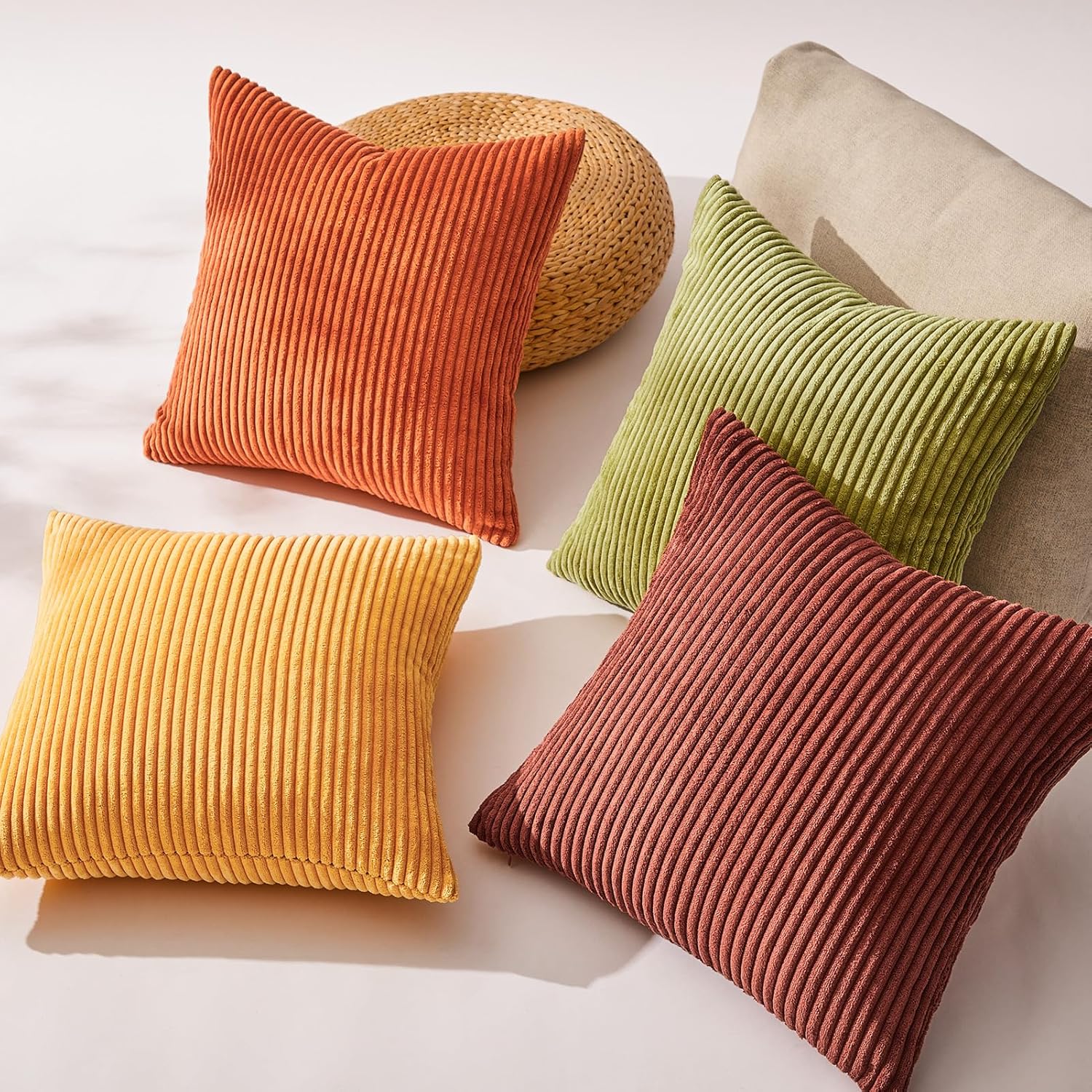 Topfinel Juego de 4 fundas de cojín decorativas de pana a rayas color naranja quemado otoñal, 18 x 18 pulgadas, funda cuadrada de pana a rayas color