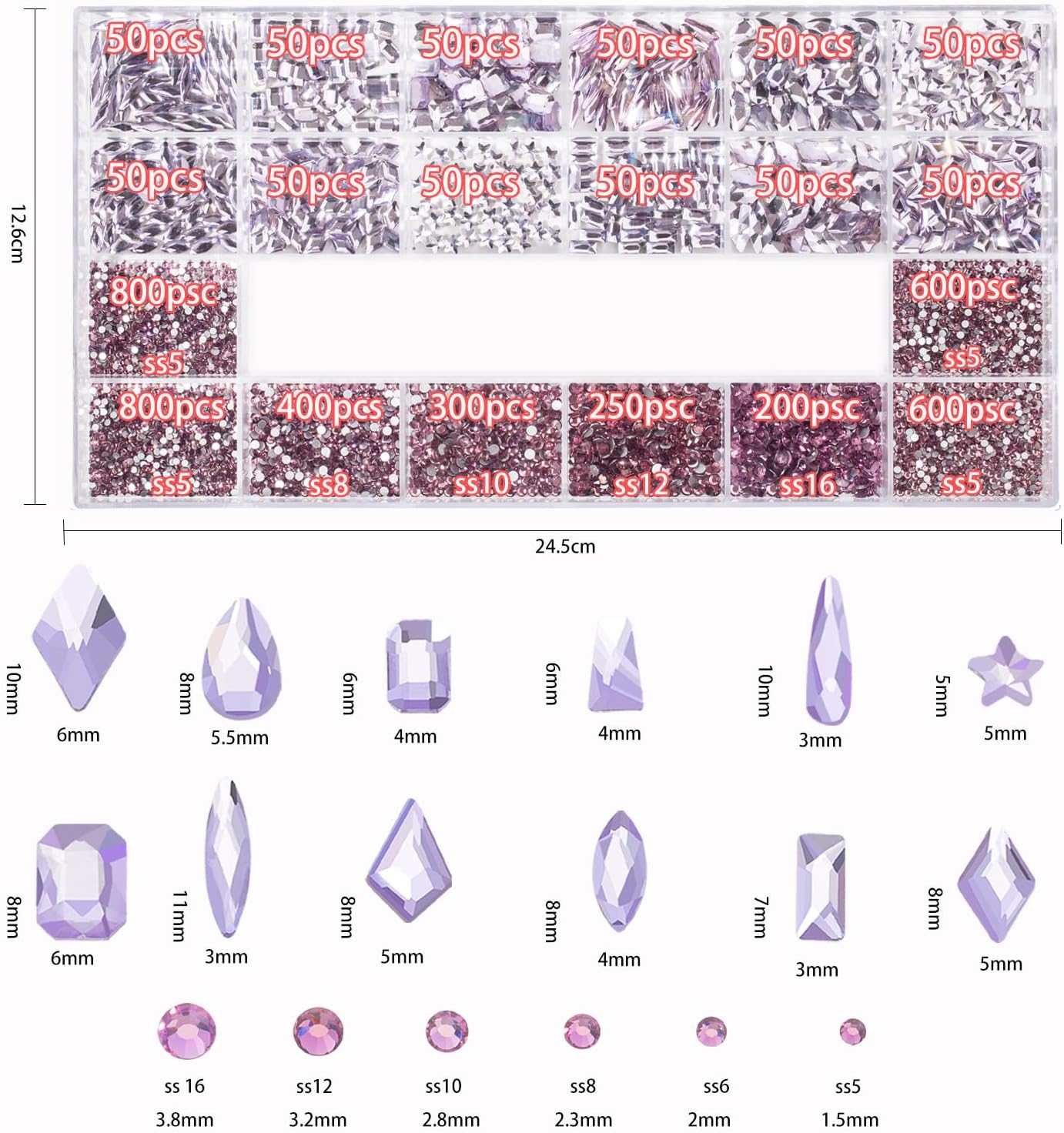 Juego de 4300 diamantes de imitación de cristal para uñas, cuentas de cristal rosa AB multiforma, piedras preciosas de vidrio con parte trasera