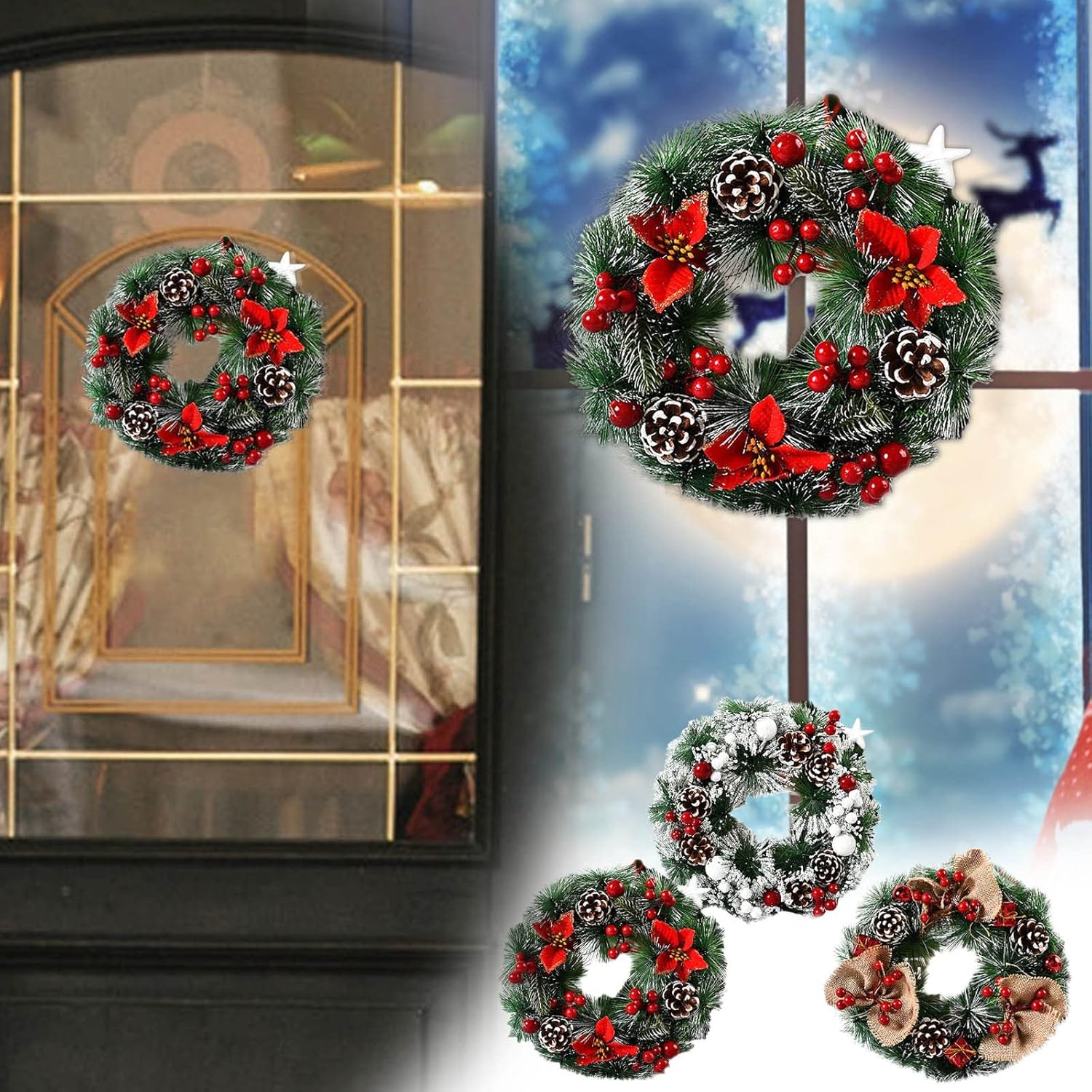 Corona de Navidad de 12.6 pulgadas para puerta delantera, flor de pascua roja, bayas y piñones, coronas de Navidad artificiales para exteriores,