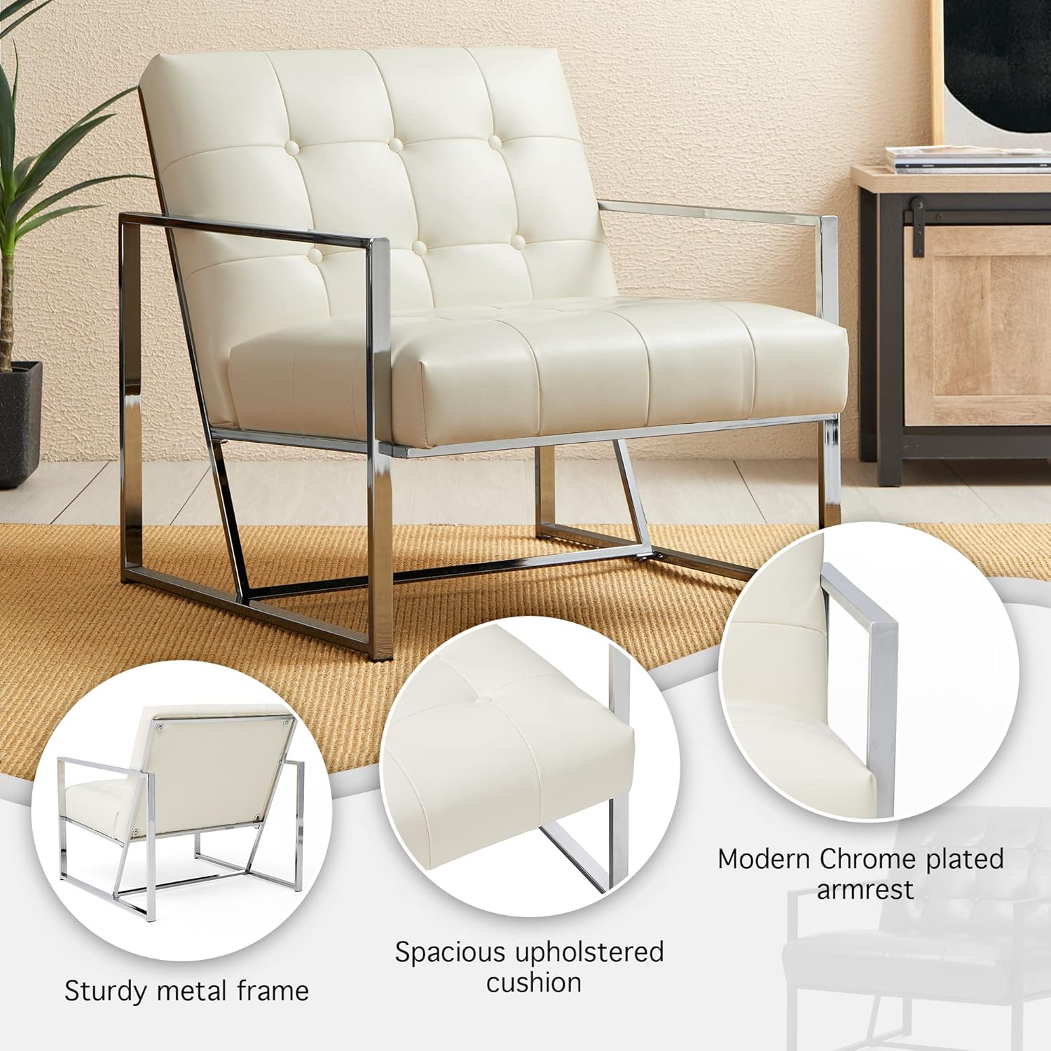 glitzhome Silla decorativa moderna de mediados de siglo, sillas modernas para sala de estar con marco de metal duradero, acolchado de piel