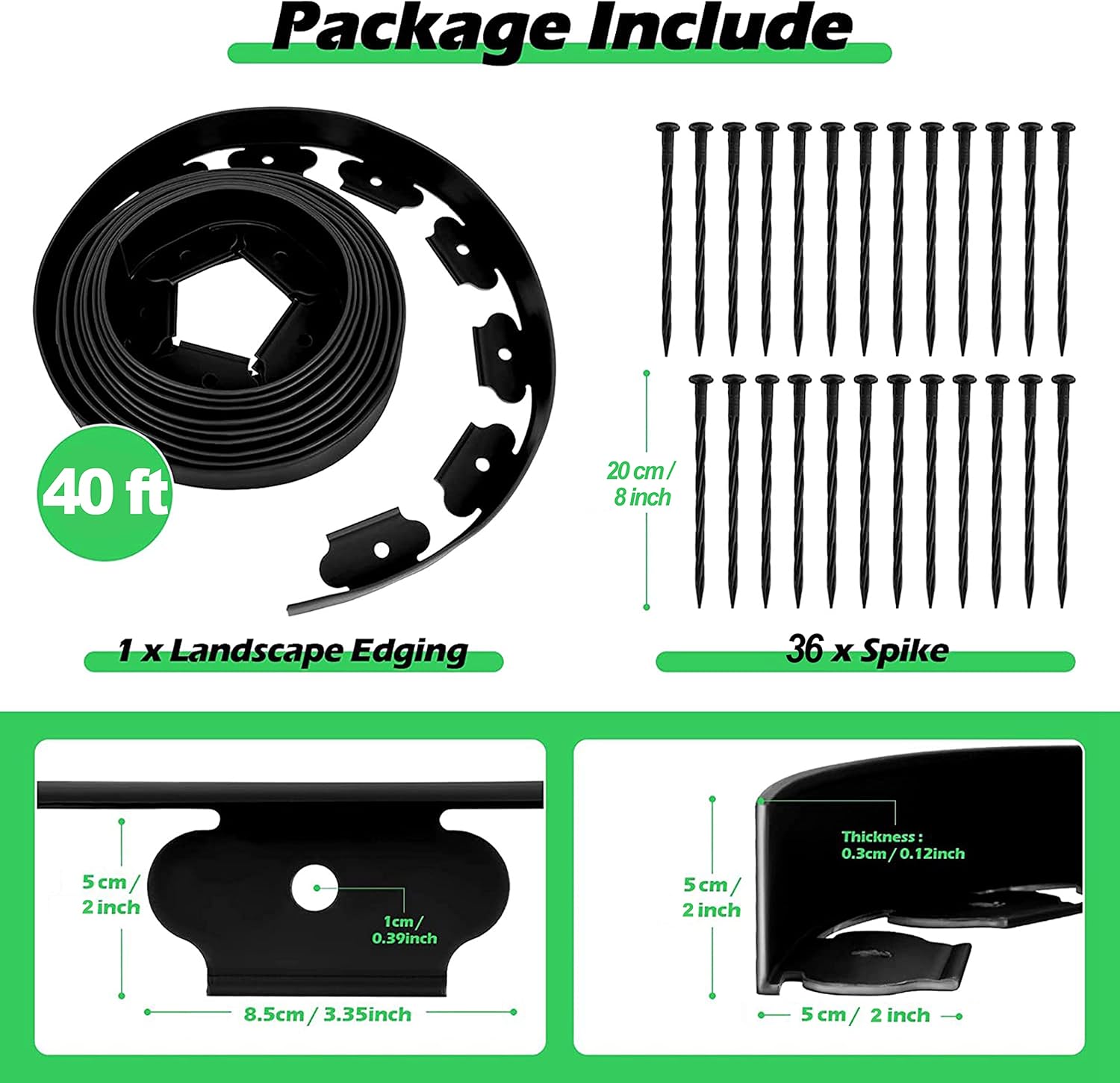 Kit de bordes de paisaje sin excavación, borde de borde de jardín de 40 pies, incluye 36 picos de anclaje, rollo de bordes de plástico negro para