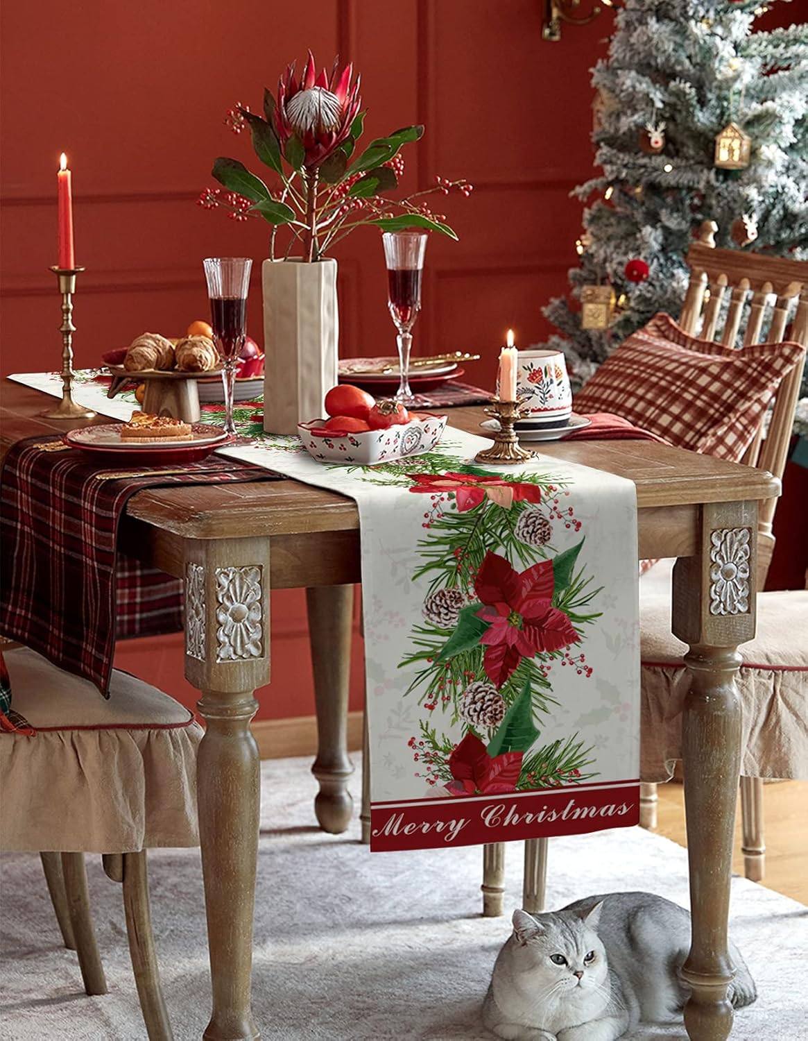 Camino de mesa floral de Pascua de Navidad de 90 pulgadas de largo, camino de mesa de café de comedor, bufandas, lavable, antideslizante, decoración