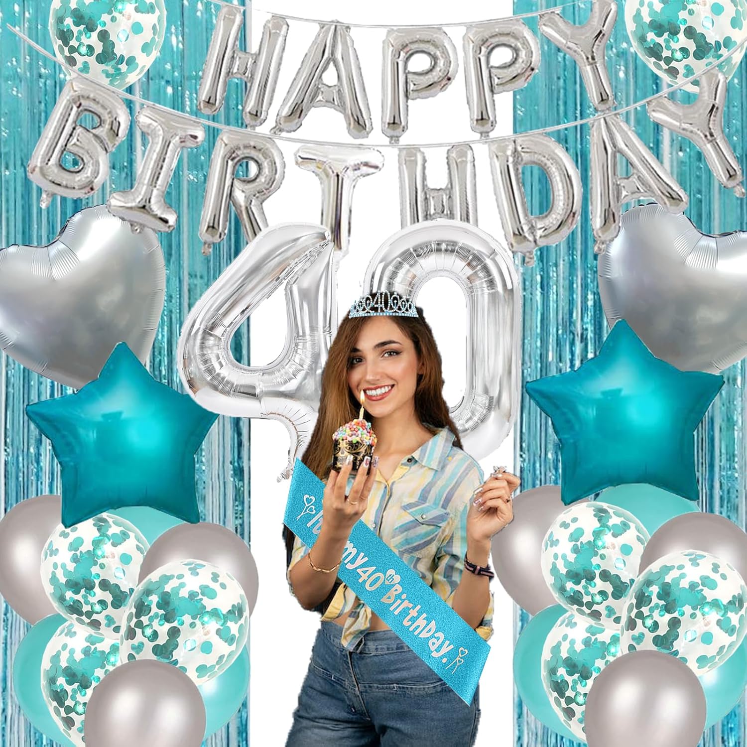 Decoraciones de cumpleaños número 40 para mujer, decoraciones de cumpleaños número 40 verde azulado y plateado, pancarta de feliz cumpleaños, banda