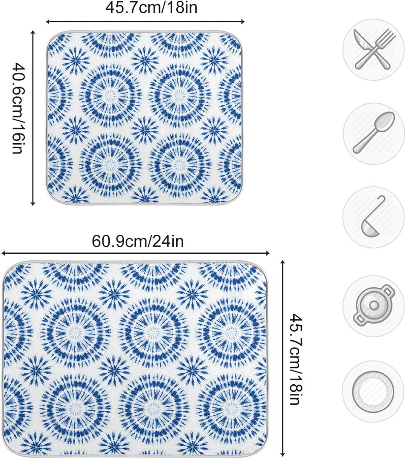 Indigo Tiedye Sunburst Dish Mat Washnable Absorbent Kitchen Counter Gadgets Dish Drainer Mats Tapete Para Cocina 16” x 18”