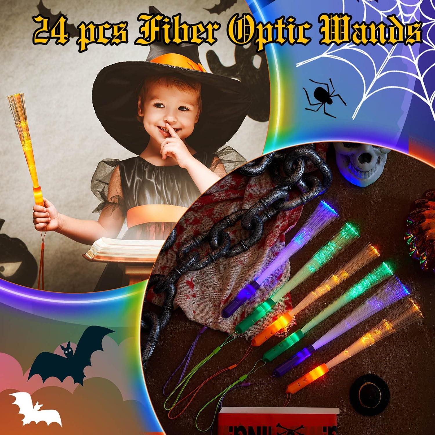 Varitas de fibra óptica para Halloween, varitas de fibra brillante, varillas de luz LED iluminadas coloridas para Halloween, regalos de fiesta de