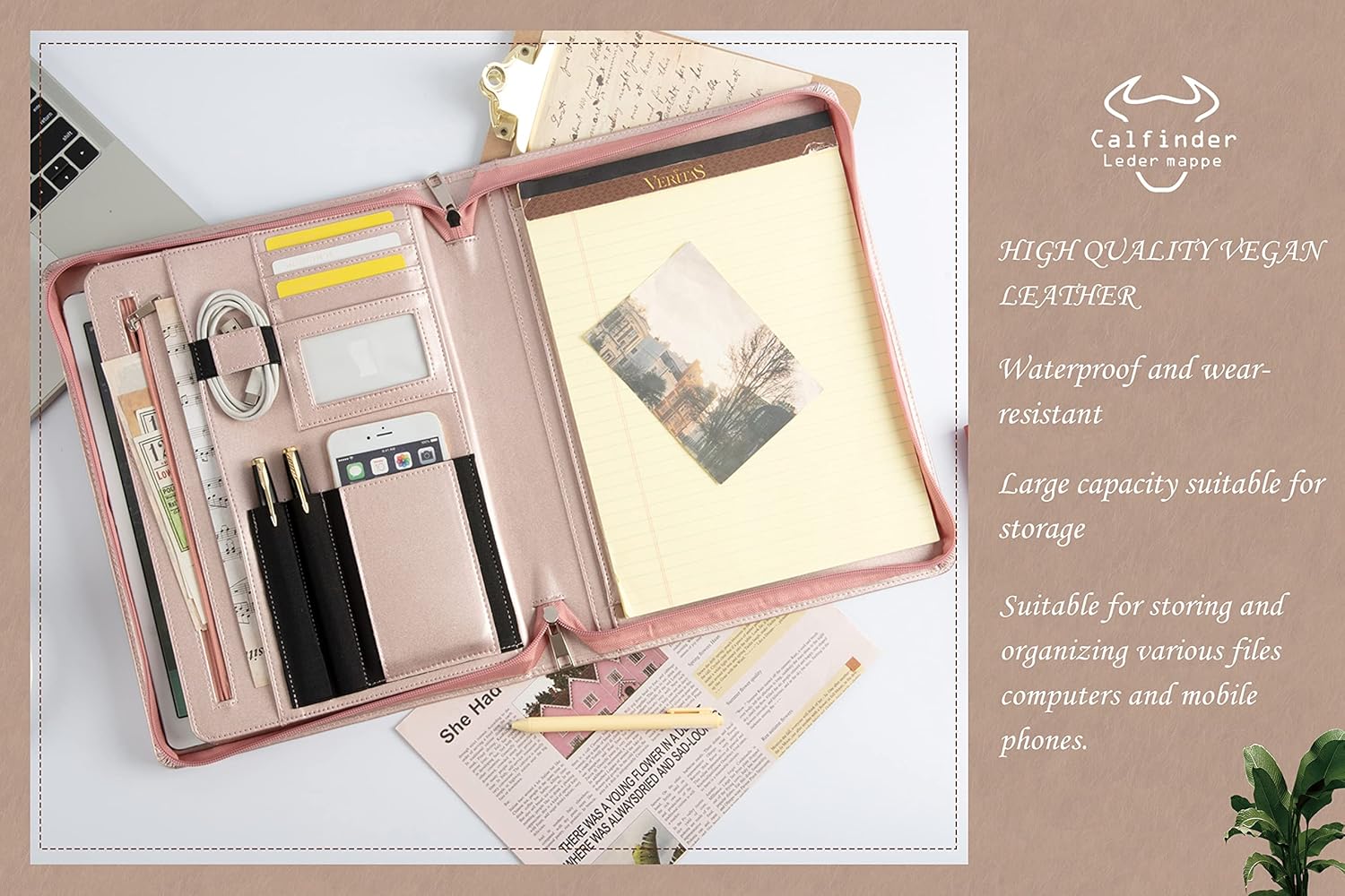 Portafolio de cuero personalizado con cremallera, cartera de negocios profesional con soporte para bloc de escritura de letras A4US para