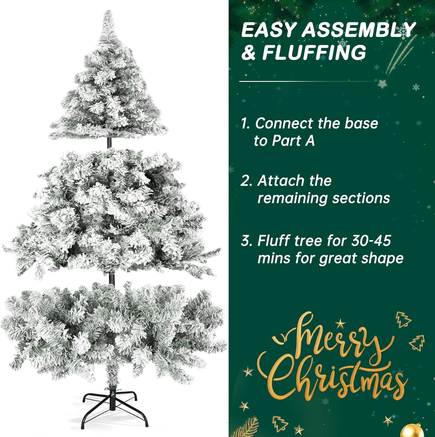 Outroad Árbol de Navidad flocado de nieve de 6 pies, pino artificial con bisagras de alta calidad, soporte de metal para árbol de Navidad y 800