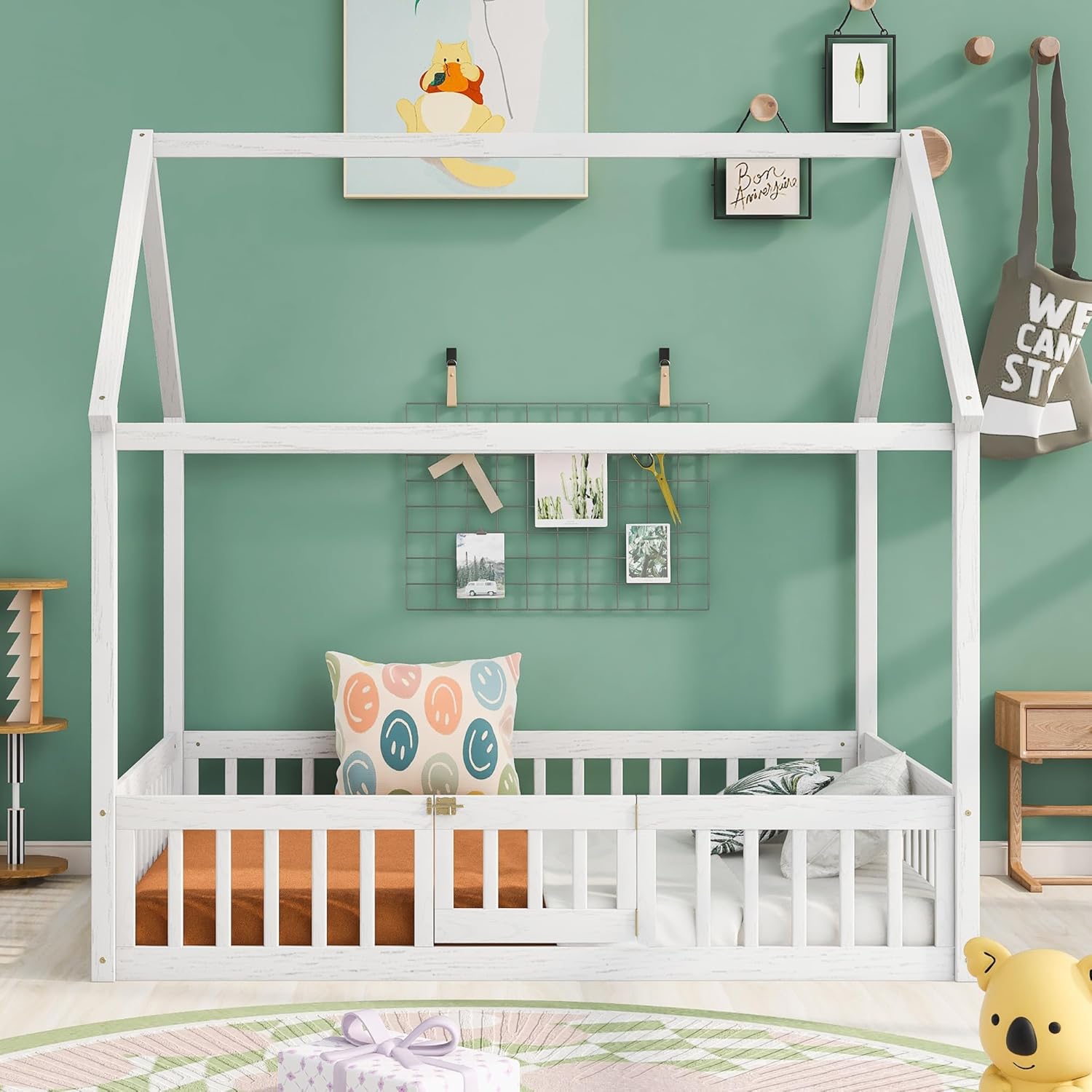 KLMM Cama de madera de tamaño matrimonial con valla y puerta, marco de cama de madera para niños o niñas, se puede decorar (valla blanca + puerta)