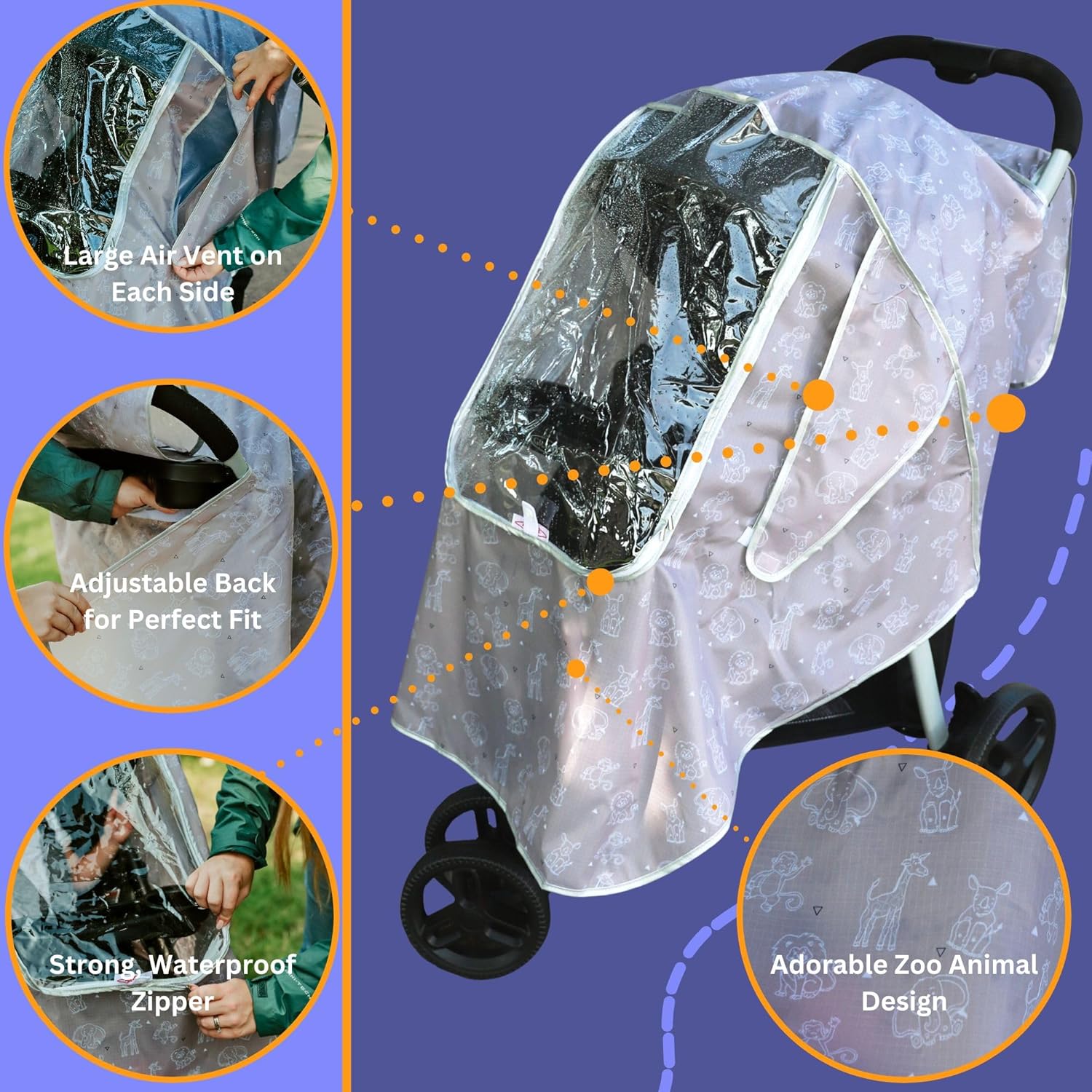 Mommy’s Helper Funda universal para cochecito con diseño de animales de zoológico, lavable a máquina, cubierta impermeable para cochecito, protector