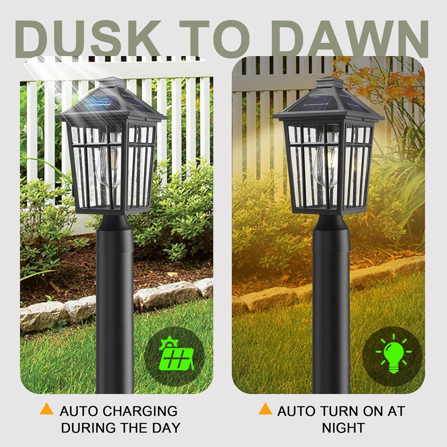 Darkaway Lámpara de poste solar para exteriores, poste de luz de aluminio del atardecer al amanecer, poste de lámpara con control remoto, lámpara de