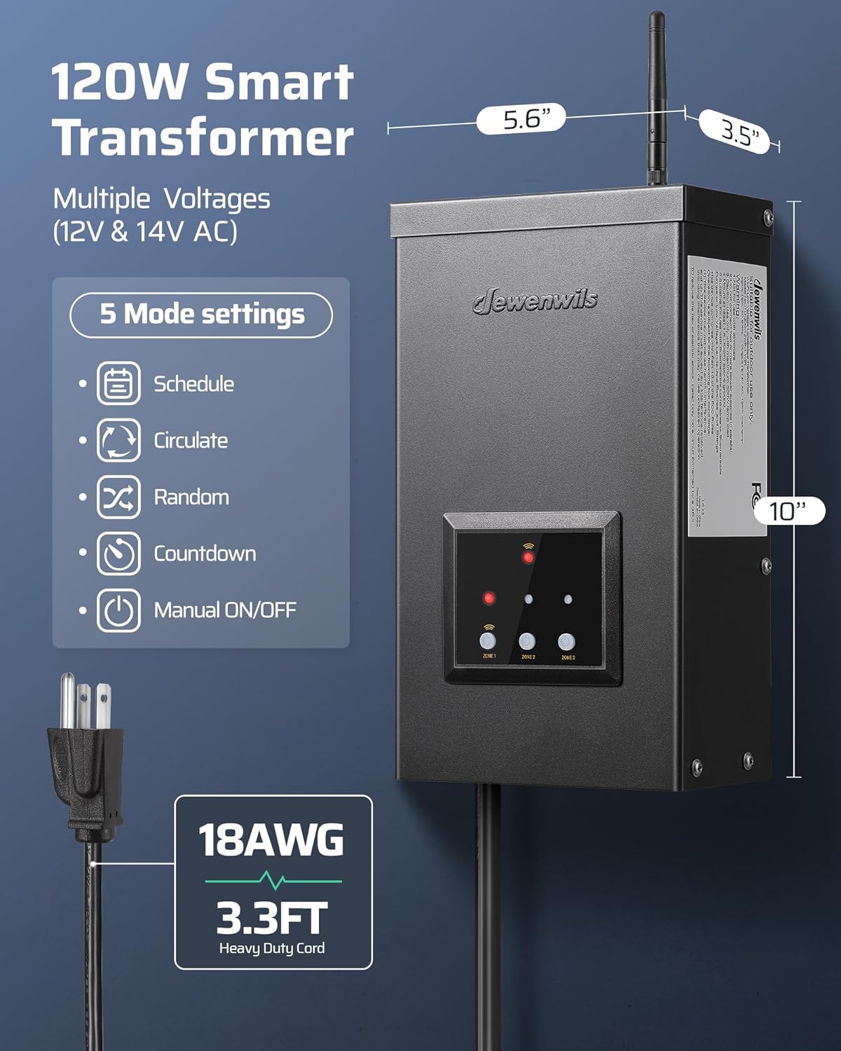 DEWENWILS Transformador de bajo voltaje Wi-Fi de 120 W, 3 salidas independientes, 120 V CA a 12 V14 V CA, transformador de paisaje de bajo voltaje