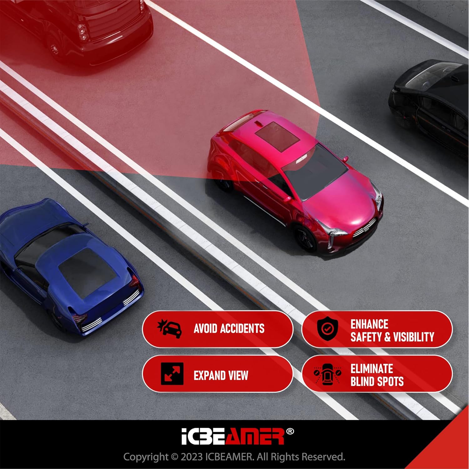 ICBEAMER – Espejo retrovisor interior convexo para automóvil, con un amplio ángulo panorámico, para puntos ciegos, fácil de enganchar de 14.2
