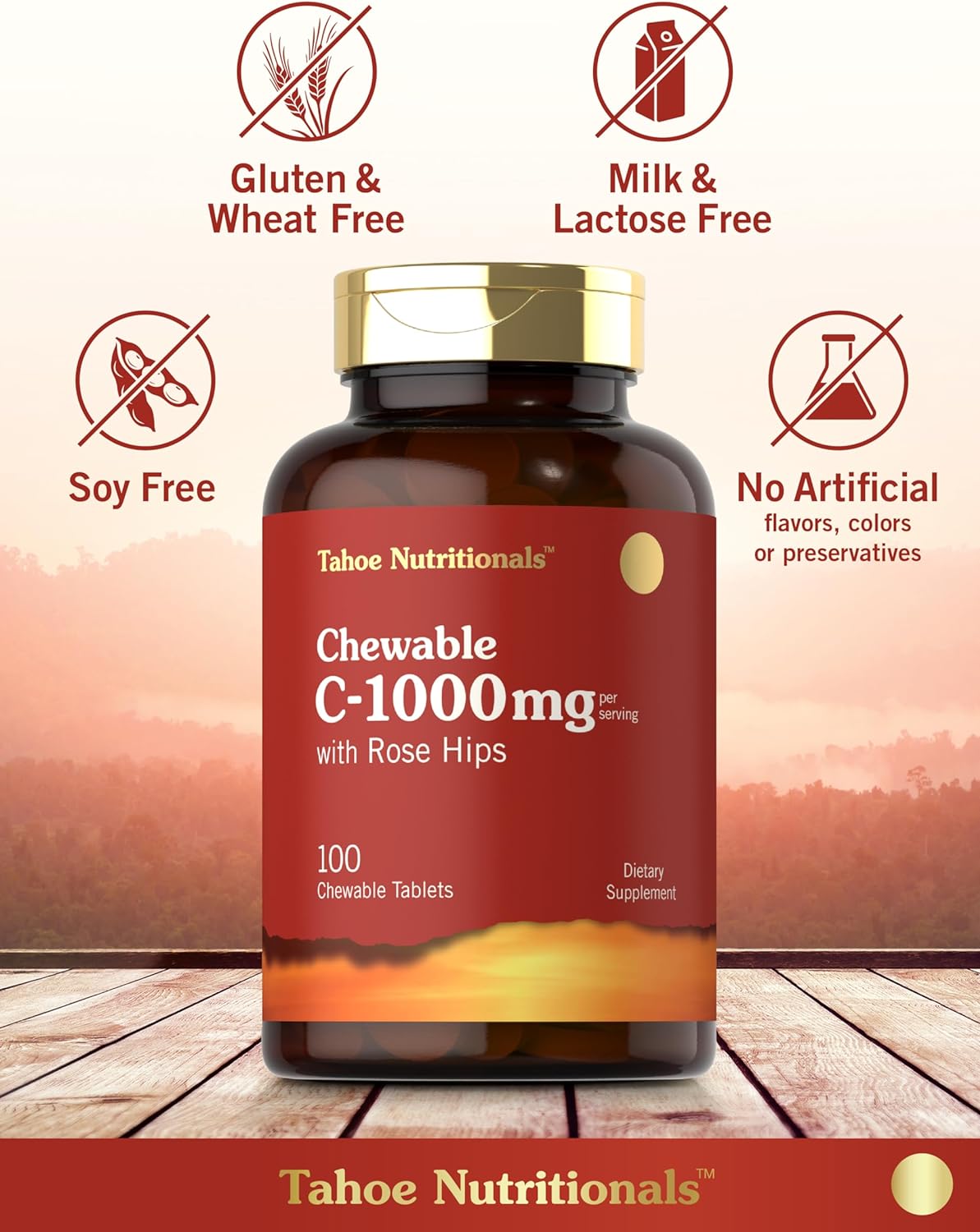 Carlyle Masticables de vitamina C  1000 mg  100 tabletas sabor naranja natural  Suplemento vegetariano, sin OMG y sin gluten  Tahoe Naturals