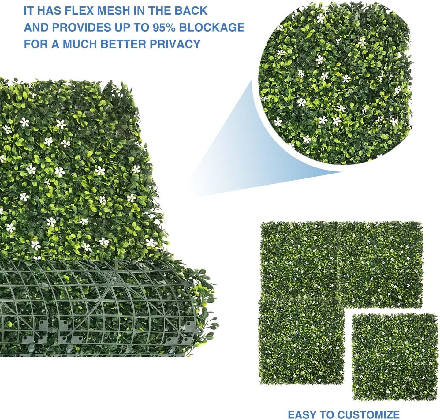 E&K Panel de valla de plantas artificiales de 20 x 20 pulgadas, hojas sintéticas, césped, panel de privacidad para interiores y exteriores (jazmín