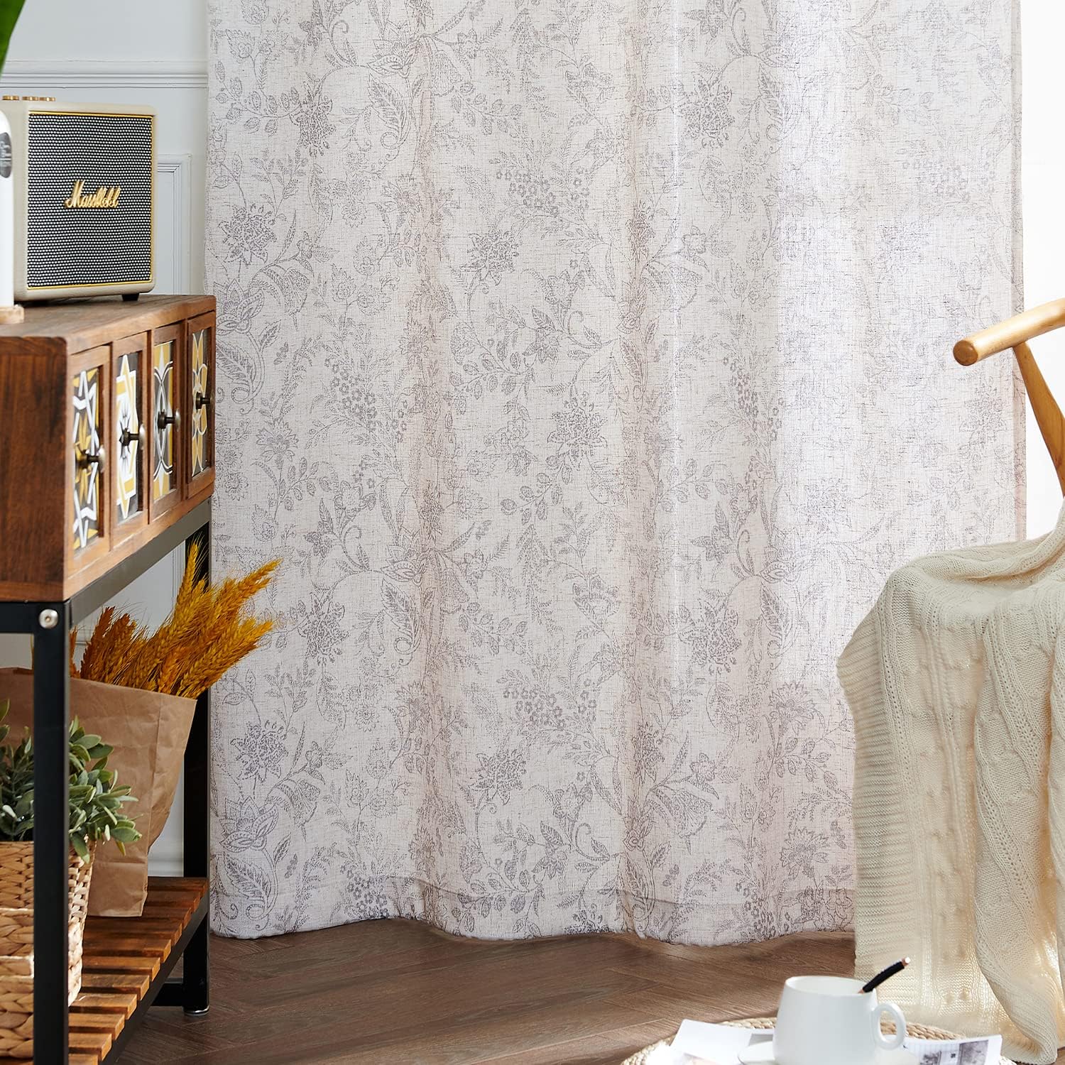 Lazzzy Cortinas de lino con estampado floral gris de 96 pulgadas de largo, cortinas con pestaña trasera para sala de estar y dormitorio, cortinas