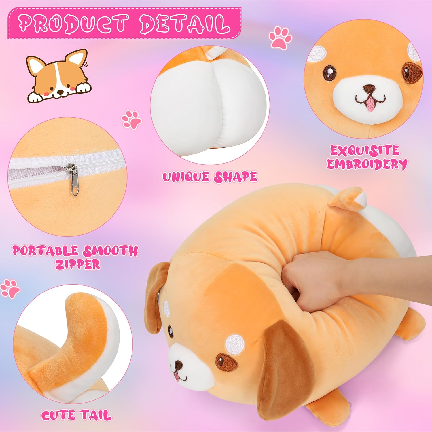 Zakeml 5 almohadas de felpa de perro Corgi de 15 pulgadas, animal de peluche Corgi con 4 peluches de bebé Corgi, almohada de felpa suave para perro,
