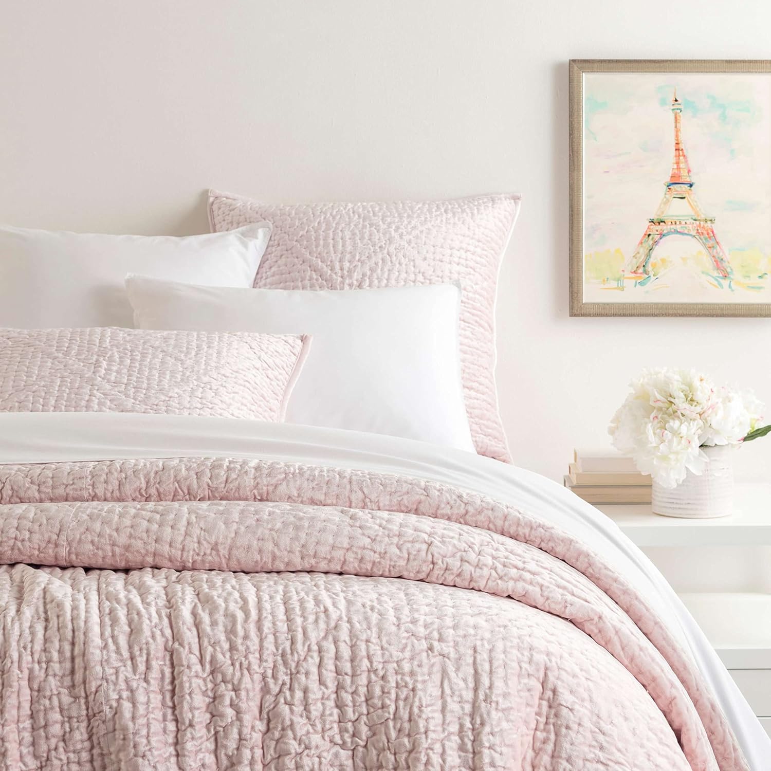 Pine Cone Hill Parisienne – Funda de almohada acolchada de terciopelo suave, tamaño King, patrón sólido rosa